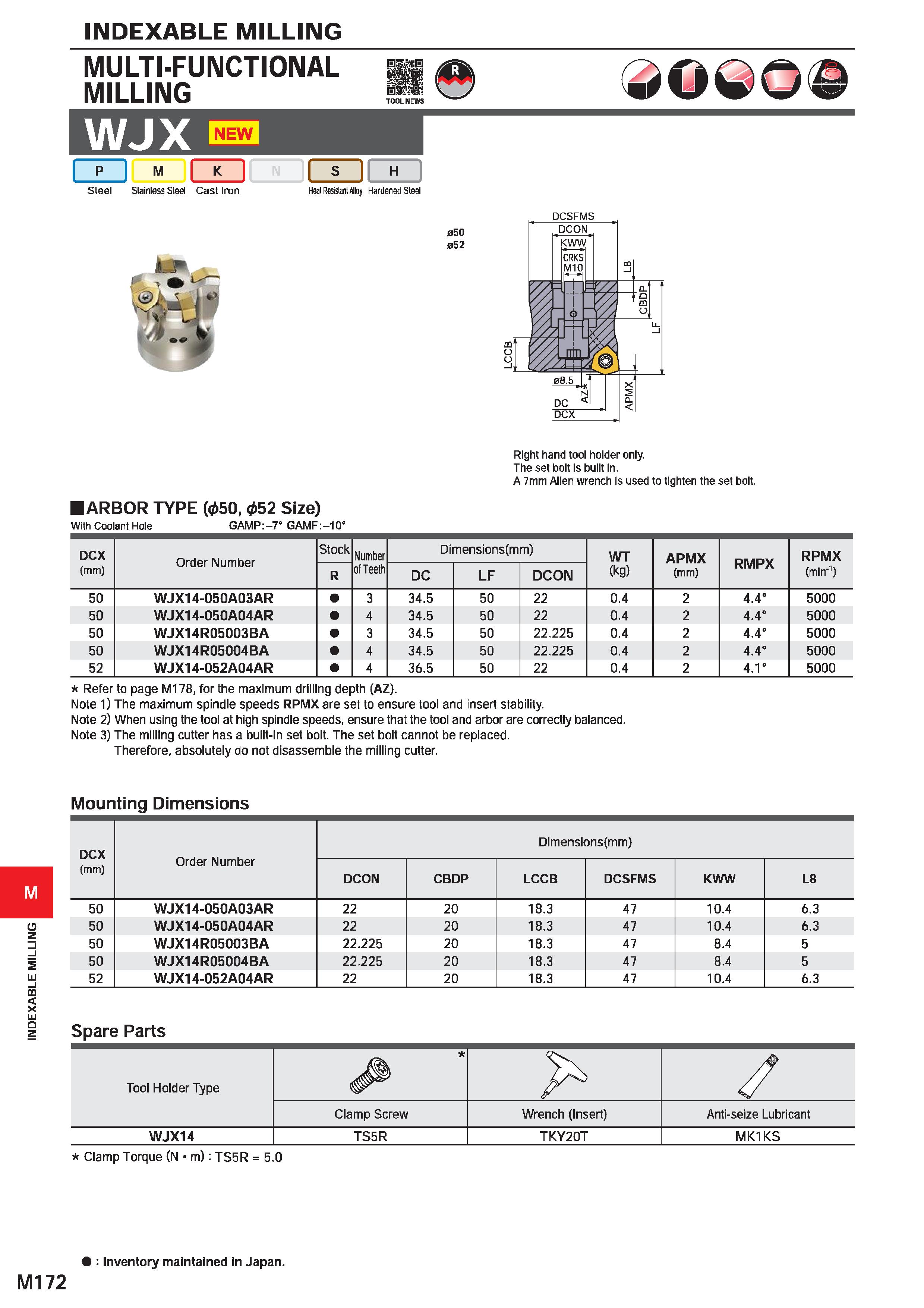 1328 INDEXABLE MILLING INDEXABLE MILLING MULTI-FUIMCTIONAL MILLING WJX I p I M Steel Stainless Steel Cast Iron Heat Resistant Alloy Hardened Steel 050 Каталог MITSUBISHI 2020 Режущий инструмент для станков по металлу Фрезы концевые монолитные из твердого сплава и сборные со сменными режущими пластинами Резцы Сверла Стр. M172