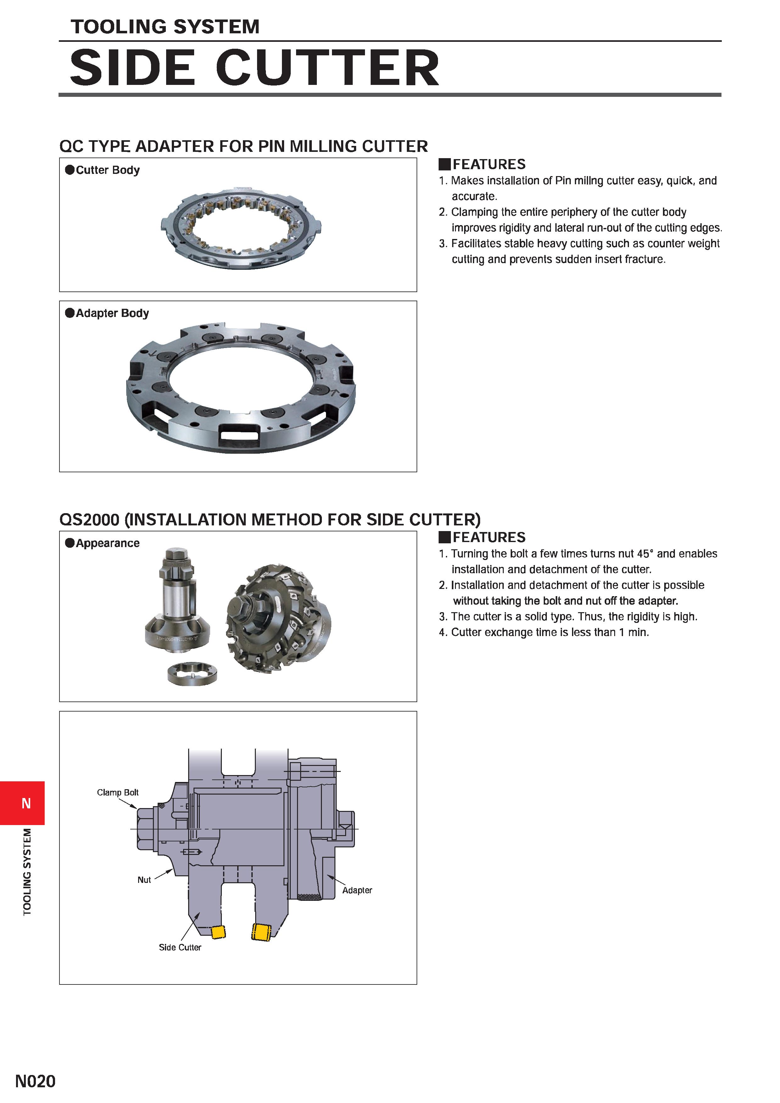 1448 TOOLING SYSTEM TOOLING SYSTEM SIDE CUTTER QC TYPE ADAPTER FOR PIN MILLING CUTTER 9 Cutter Body FEATURES 1 Makes installation of Pin millng cutter Каталог MITSUBISHI 2020 Режущий инструмент для станков по металлу Фрезы концевые монолитные из твердого сплава и сборные со сменными режущими пластинами Резцы Сверла Стр. N020