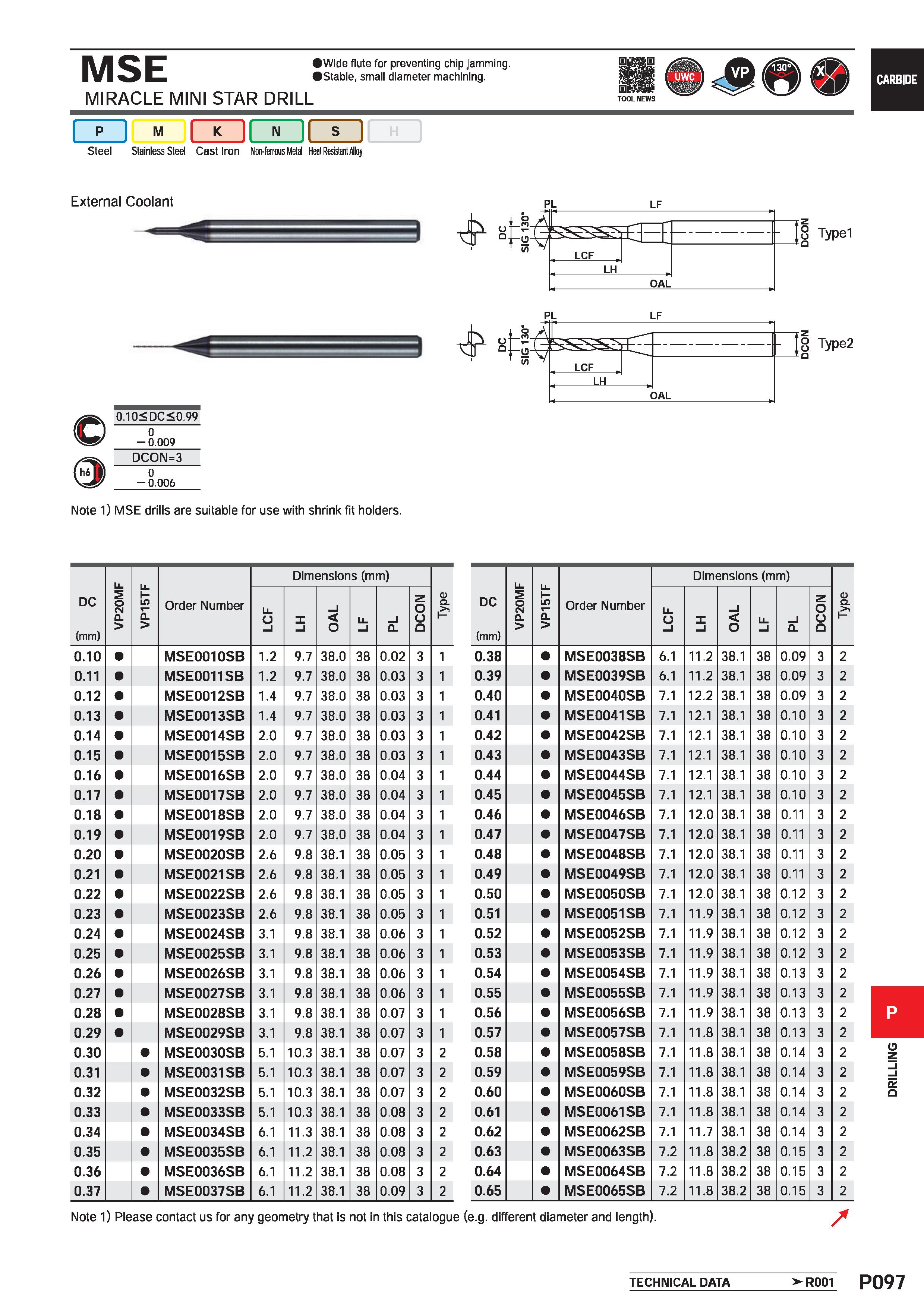 1553 MSE Wide flute for preventing chip jamming Stable, small diameter machining MIRACLE MINI STAR DRILL TOOL NEWS i I P I M N J Steel Stainless Steel Каталог MITSUBISHI 2020 Режущий инструмент для станков по металлу Фрезы концевые монолитные из твердого сплава и сборные со сменными режущими пластинами Резцы Сверла Стр. P097