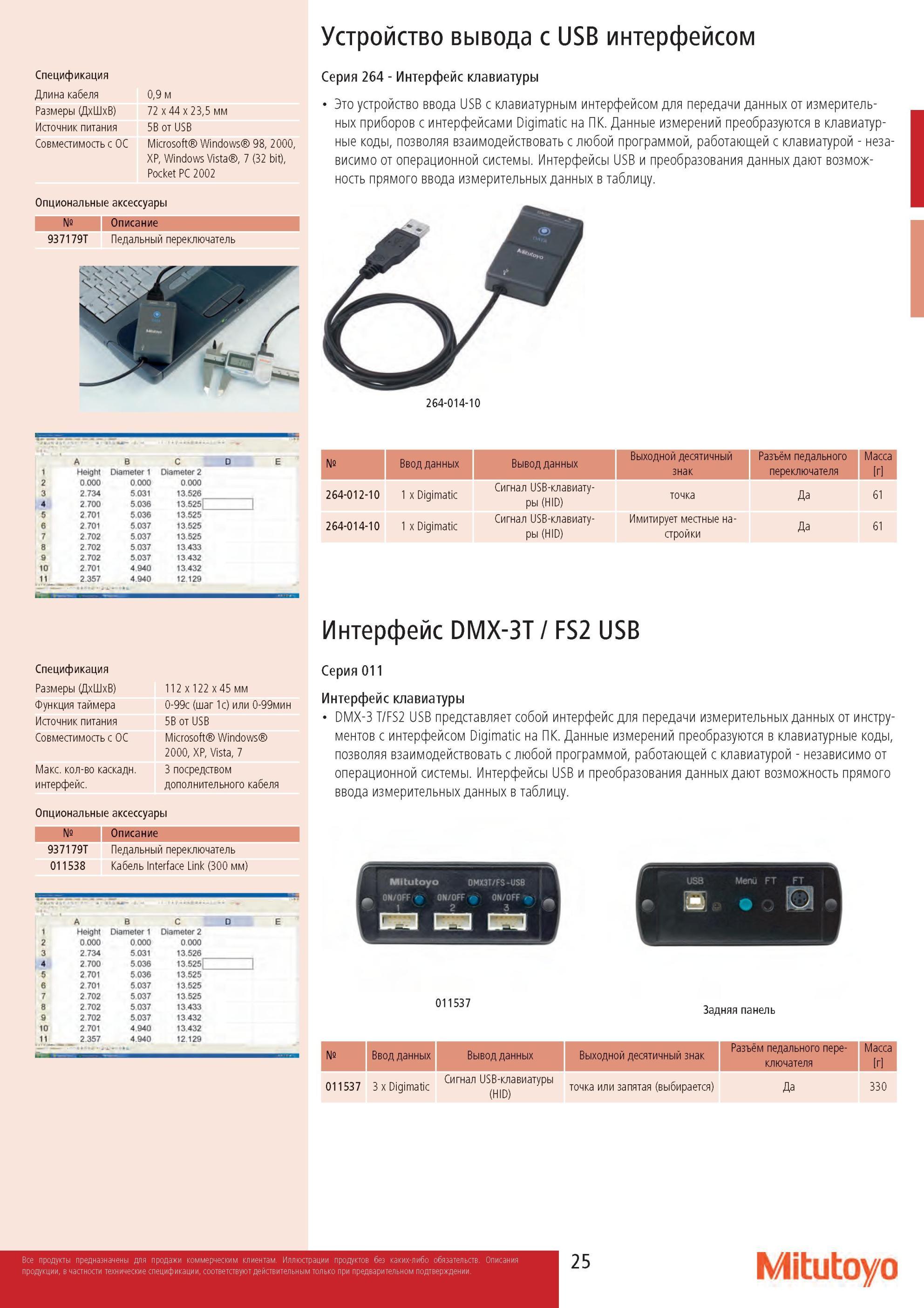 27 Интерфейс клавиатуры Mitutoyo DMX-3 T/FS2 USB представляет собой интерфейс для передачи измерительных данных от инструментов с интерфейсом Digimatic на ПК Каталог MITUTOYO 2013 Измерительный инструмент и оборудование Стр. 25