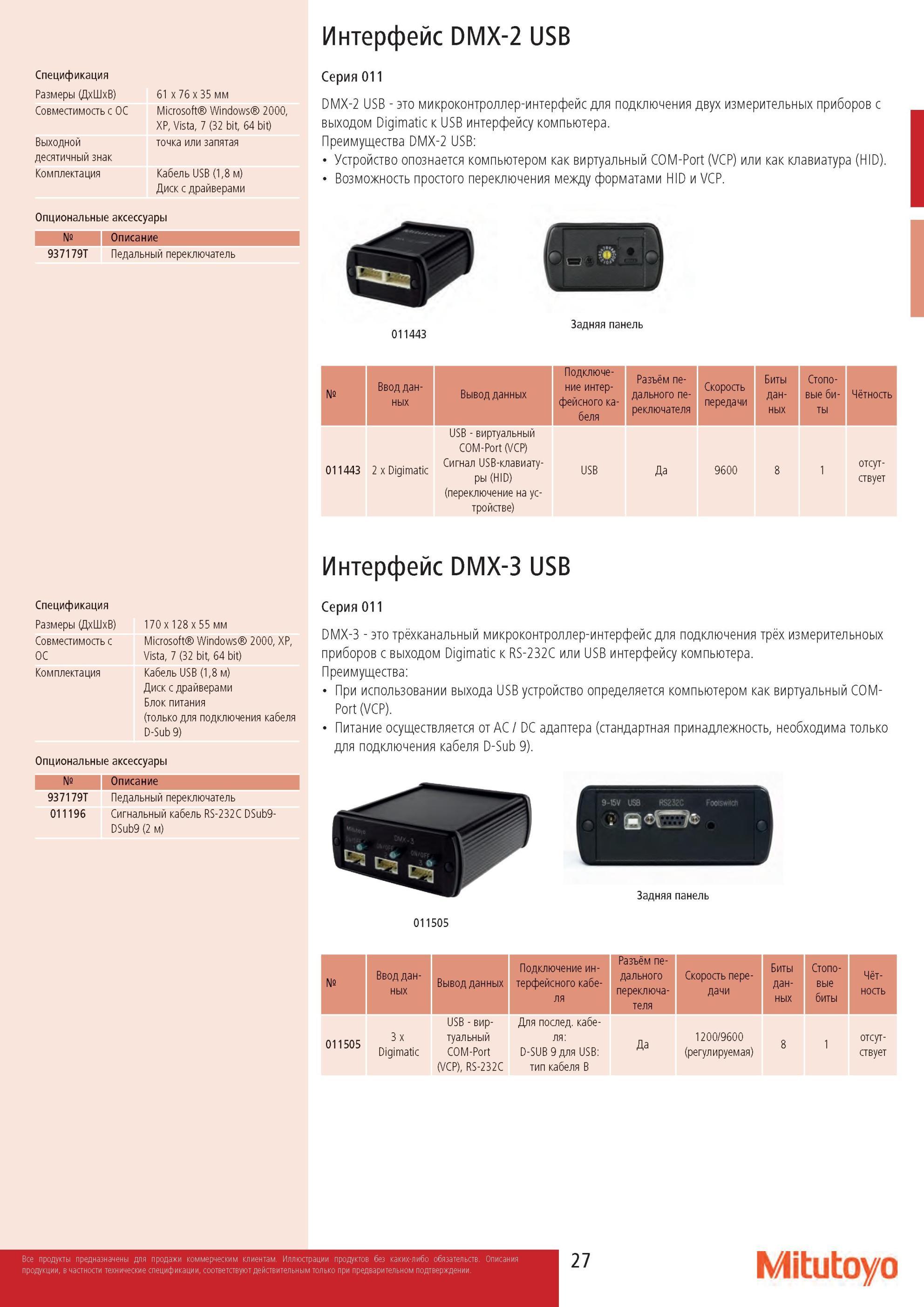29 Интерфейс Mitutoyo DMX-2 USB Серия 011 DMX-2 USB Микроконтроллер-интерфейс для подключения двух приборов с выходом Digimatic к USB интерфейсу компьютера Каталог MITUTOYO 2013 Измерительный инструмент и оборудование Стр. 27