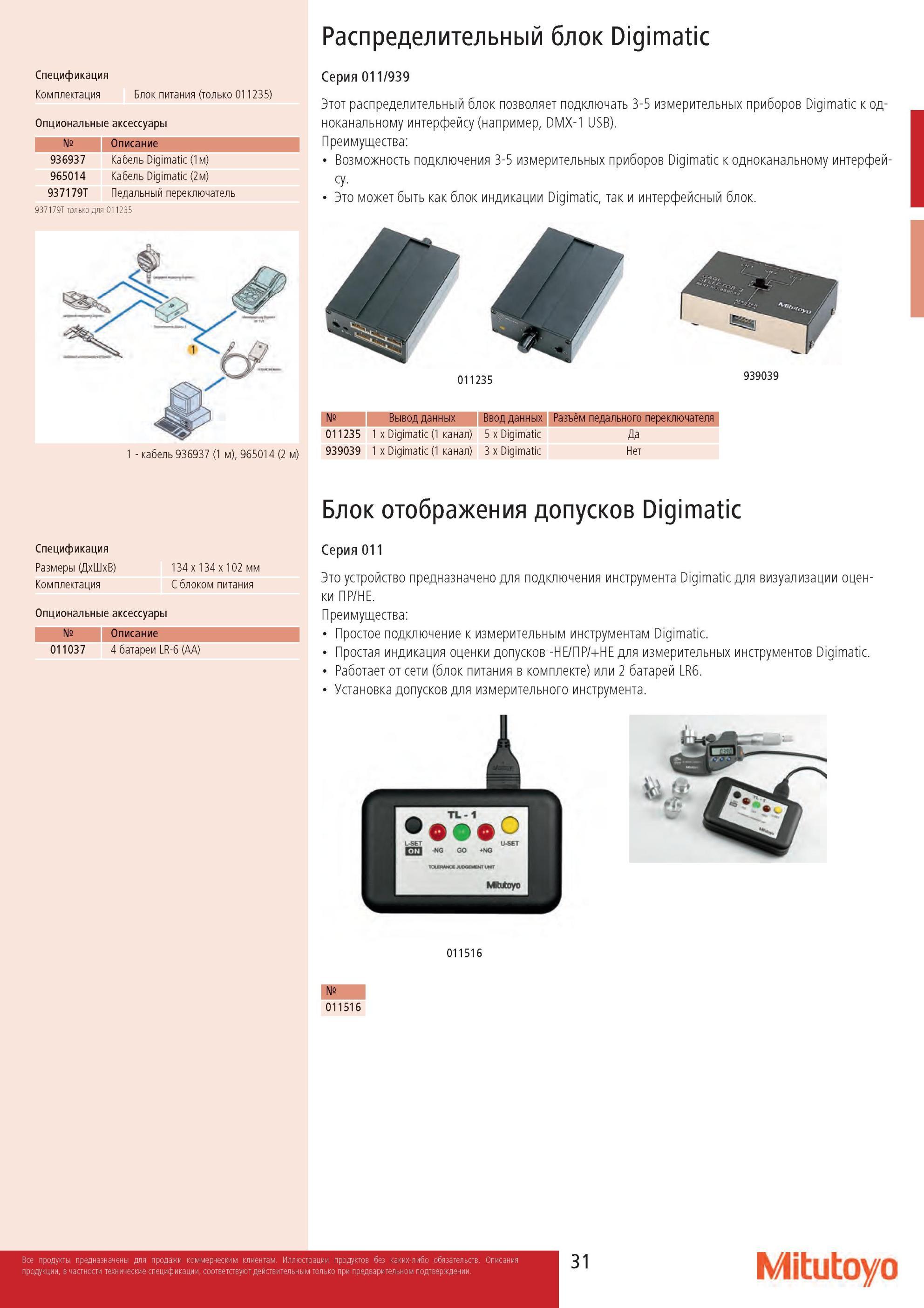 33 Распределительный блок Mitutoyo Digimatic Серия 011/939 позволяет подключать 3-5 измерительных приборов Digimatic к одноканальному интерфейсу Каталог MITUTOYO 2013 Измерительный инструмент и оборудование Стр. 31