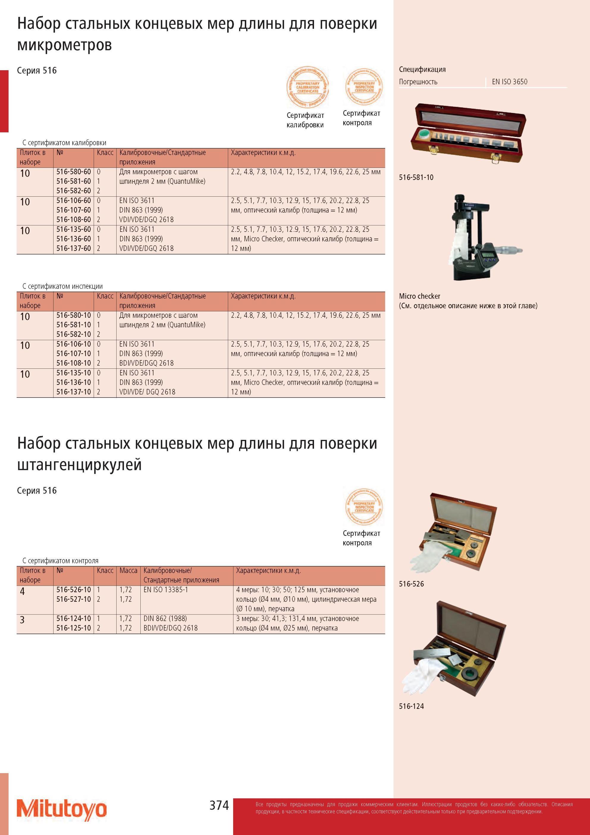 376 Набор стальных концевых мер длины Mitutoyo для поверки микрометров Серия 516 Сертификат калибровки Сертификат контроля С сертификатом калибровки Плиток в н Каталог MITUTOYO 2013 Измерительный инструмент и оборудование Стр. 374