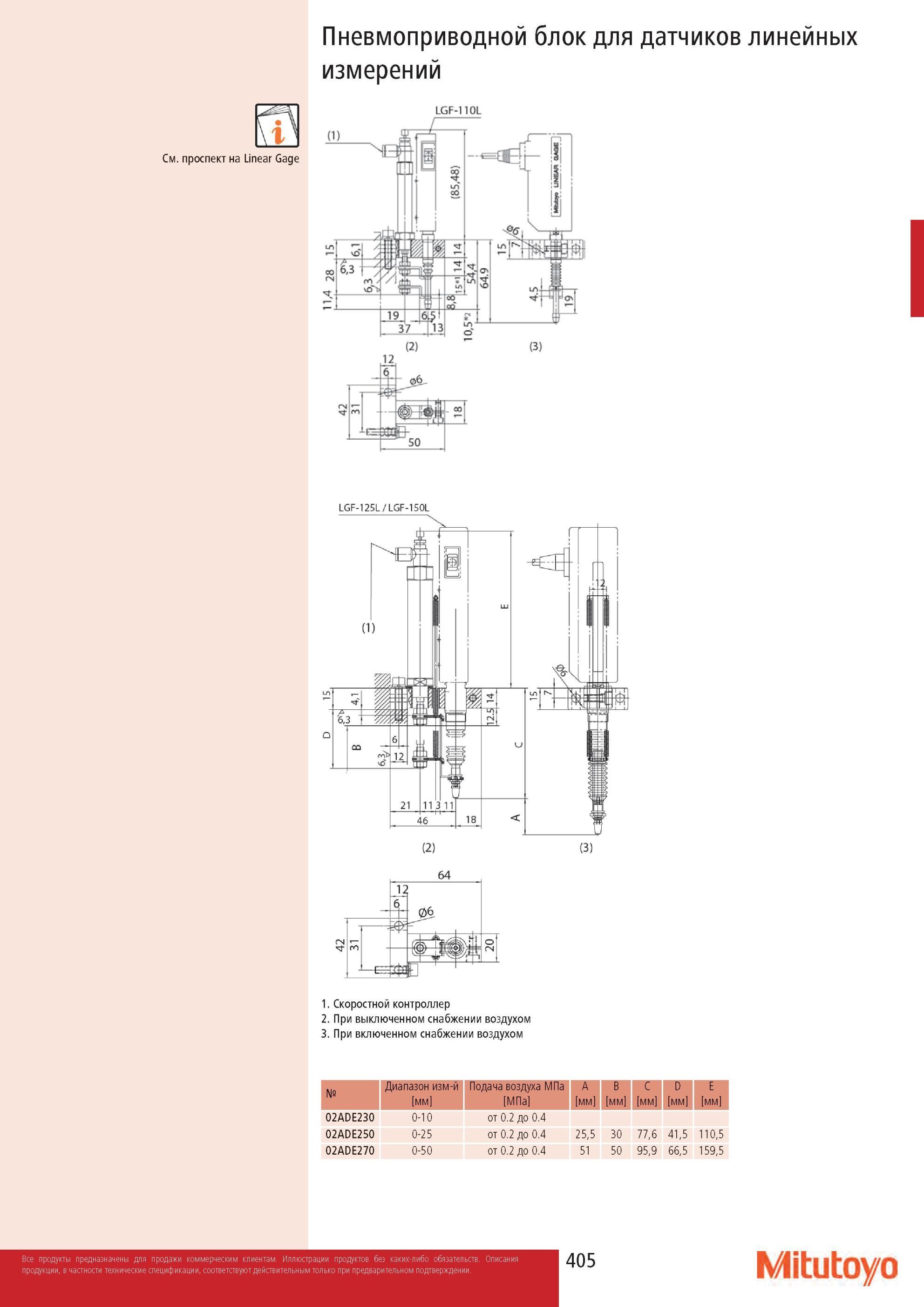 407 Пневмоприводной блок Mitutoyo для датчиков линейных измерений LGF-110L (2) (3) 12 LGF-125L LGF-150L 1 Скоростной контроллер При выключенном снабжении возду Каталог MITUTOYO 2013 Измерительный инструмент и оборудование Стр. 405