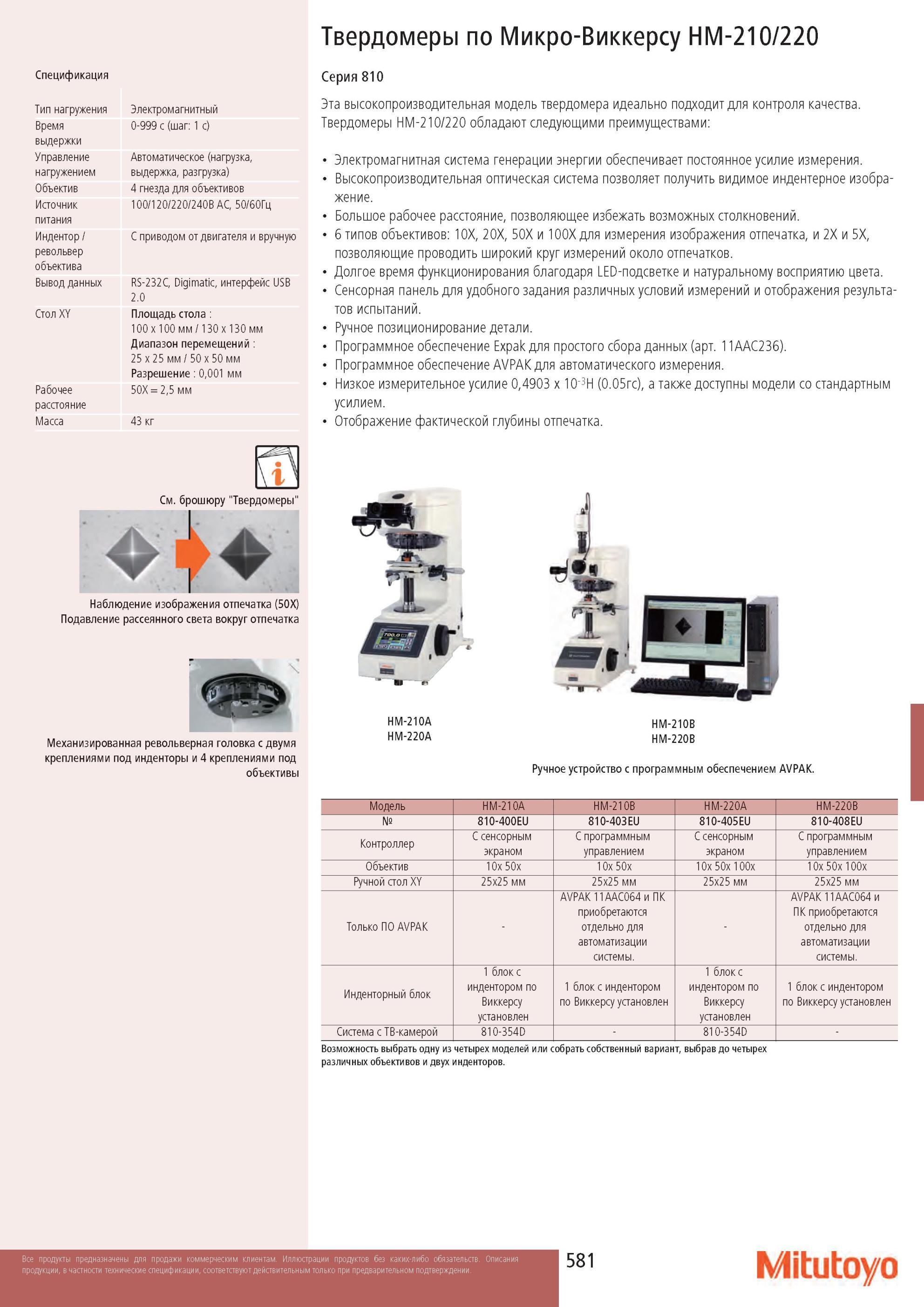 583 Твердомеры Mitutoyo по Микро-Виккерсу HM-210/220 Электромагнитный 0-999 с (шаг 1 с) Автоматическое (нагрузка, выдержка, разгрузка) 4 гнезда для объективов Каталог MITUTOYO 2013 Измерительный инструмент и оборудование Стр. 581