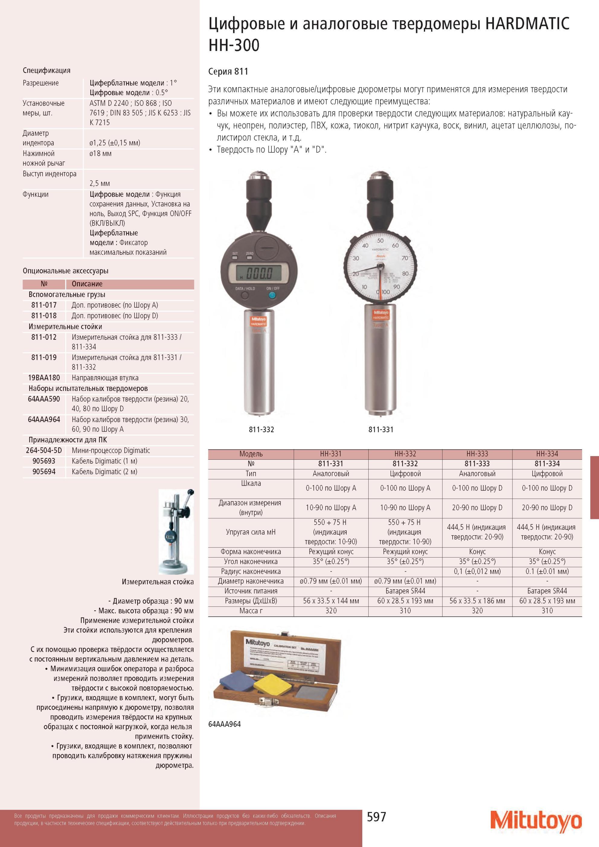 599 Цифровые и аналоговые твердомеры Mitutoyo HARDMATIC HH-300 Спецификация Разрешение Циферблатные модели Цифровые модели 0 5° Установочные ASTM D 2240 ISO 86 Каталог MITUTOYO 2013 Измерительный инструмент и оборудование Стр. 597