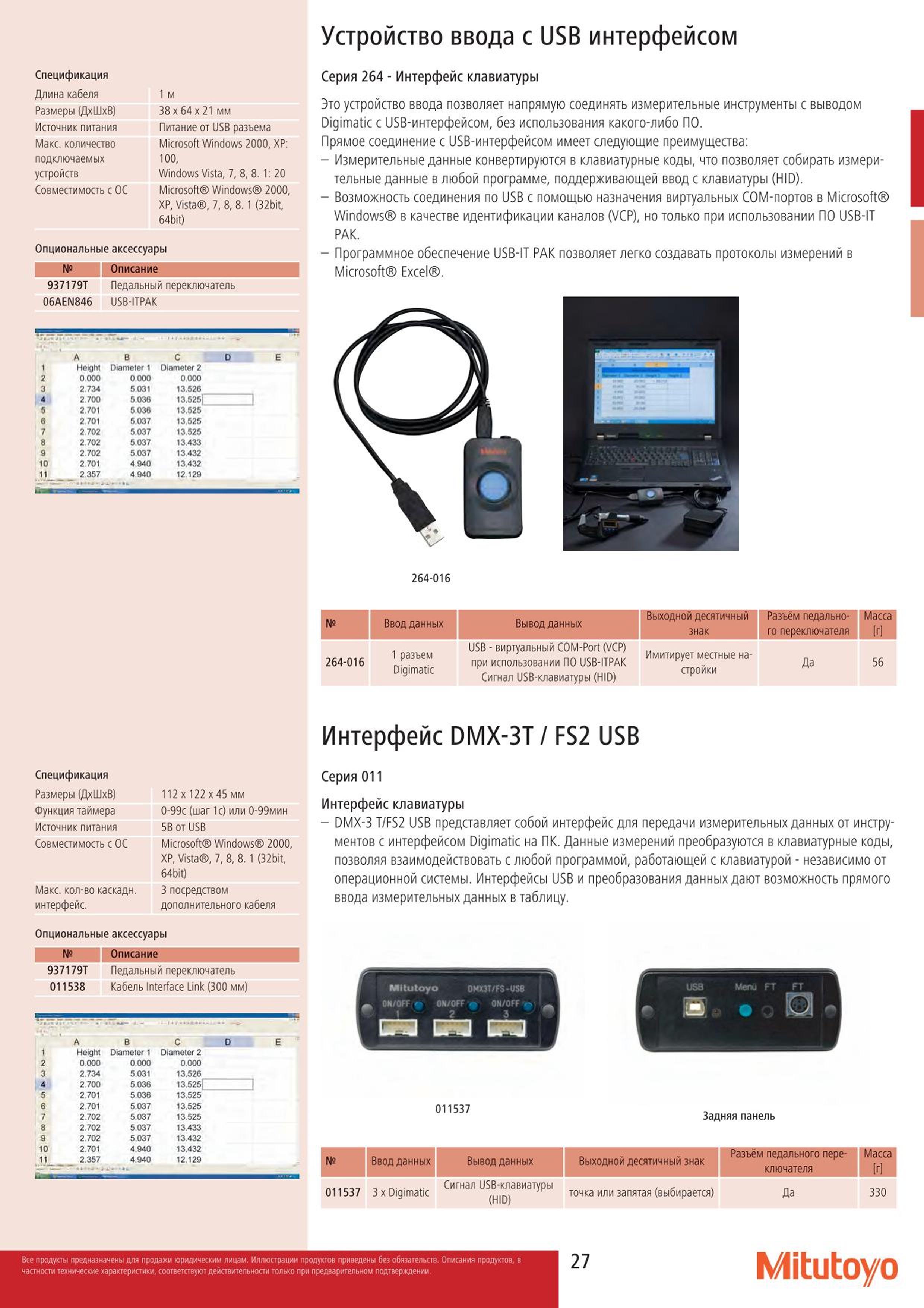 27 Устройство ввода Mitutoyo с USB интерфейсом Спецификация Длина кабеля Размеры (ДхШхВ) Источник питания Макс. количество подключаемых устройств Совмест Каталог MITUTOYO 2015 Измерительный инструмент метрологическое оборудование и контрольно-измерительные приборы Стр. 27