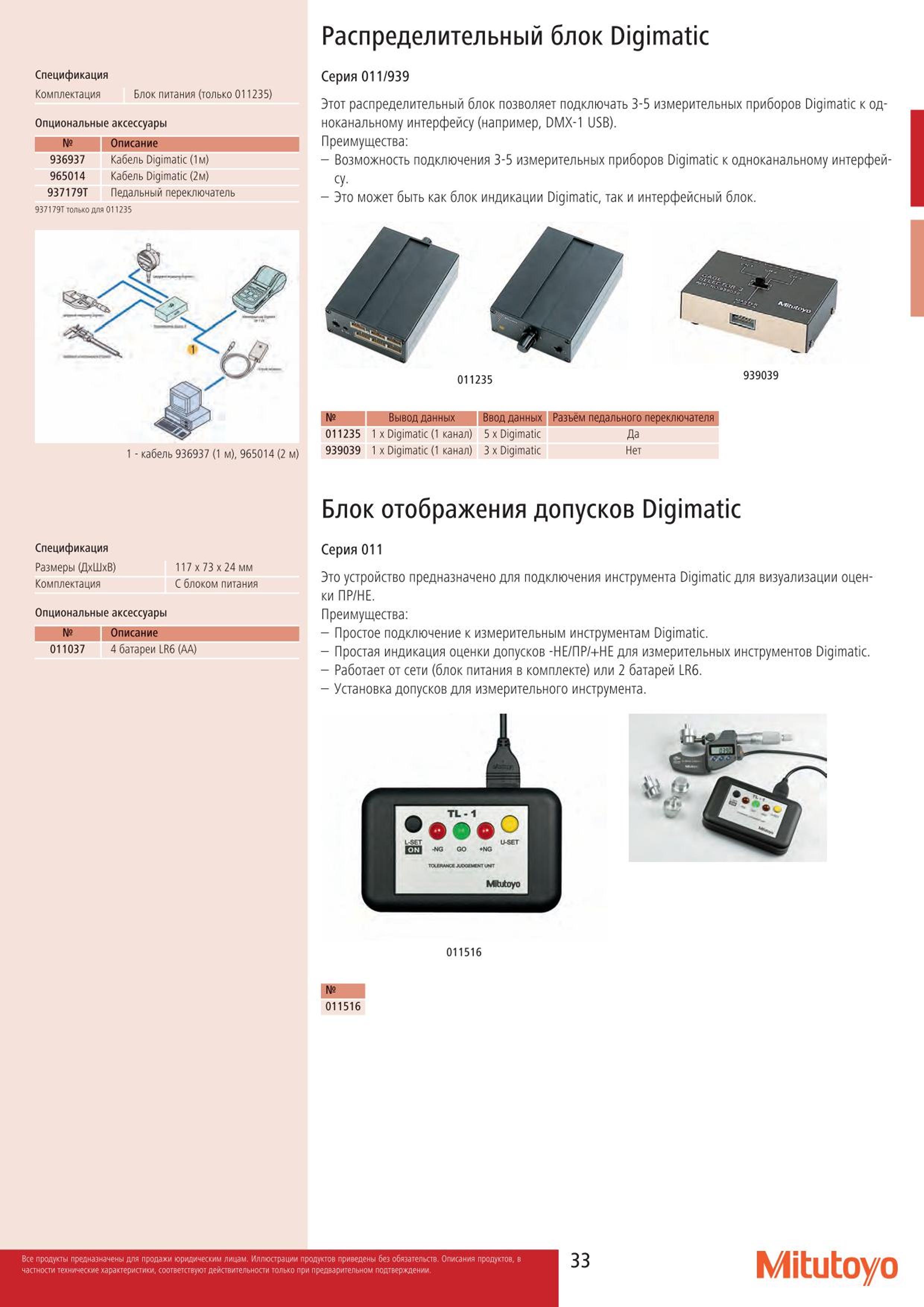 33 Распределительный блок Mitutoyo Digimatic Спецификация Комплектация Блок питания (только 011235) Опциональные аксессуары Описание 936937 Кабель Digima Каталог MITUTOYO 2015 Измерительный инструмент метрологическое оборудование и контрольно-измерительные приборы Стр. 33