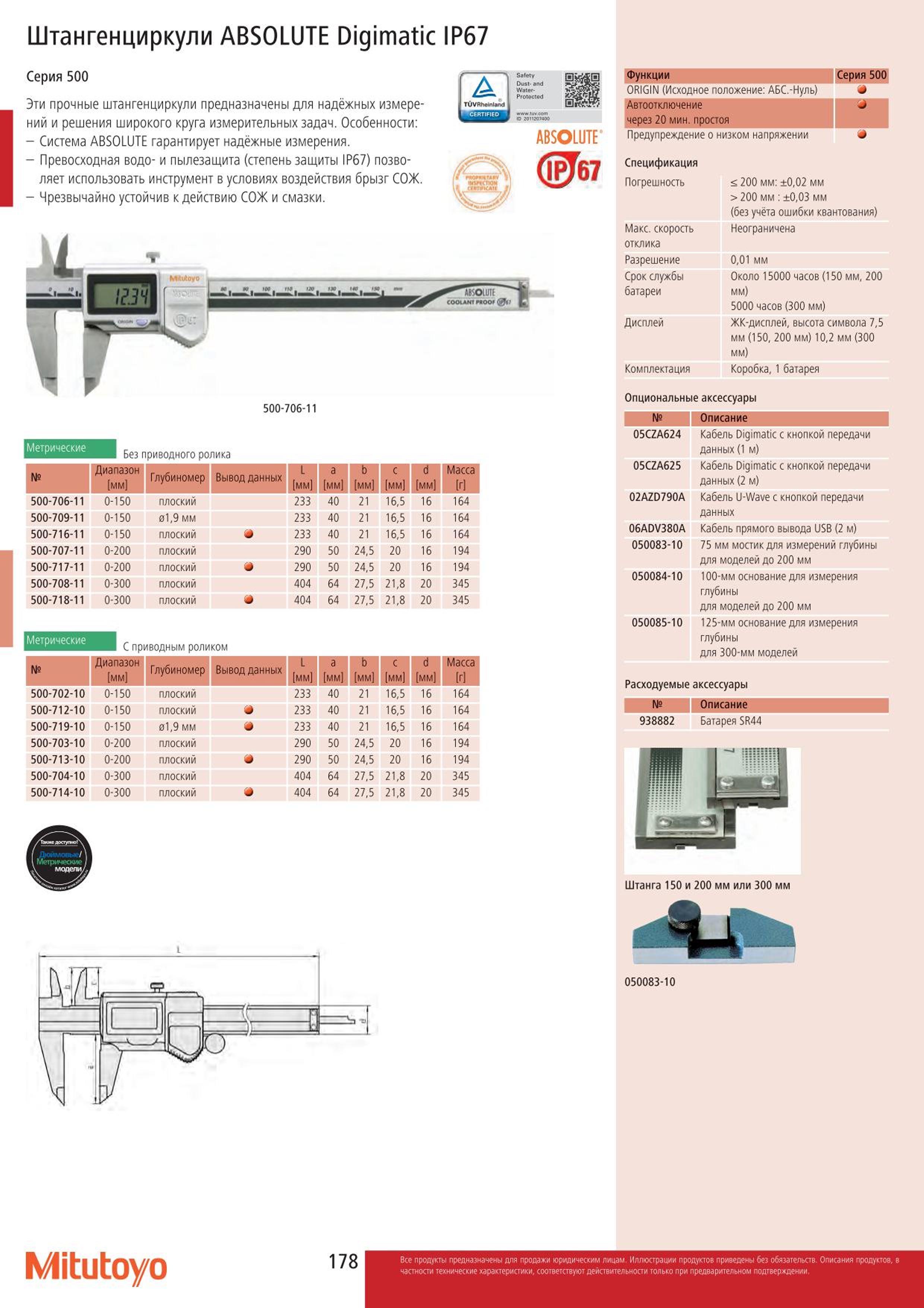 178 Прочные электронные штангенциркули Mitutoyo Digimatic IP67 500-706-11 500-707-11 500-706-11 Исполнения метрического измерительного инструмента без при Каталог MITUTOYO 2015 Измерительный инструмент метрологическое оборудование и контрольно-измерительные приборы Стр. 178