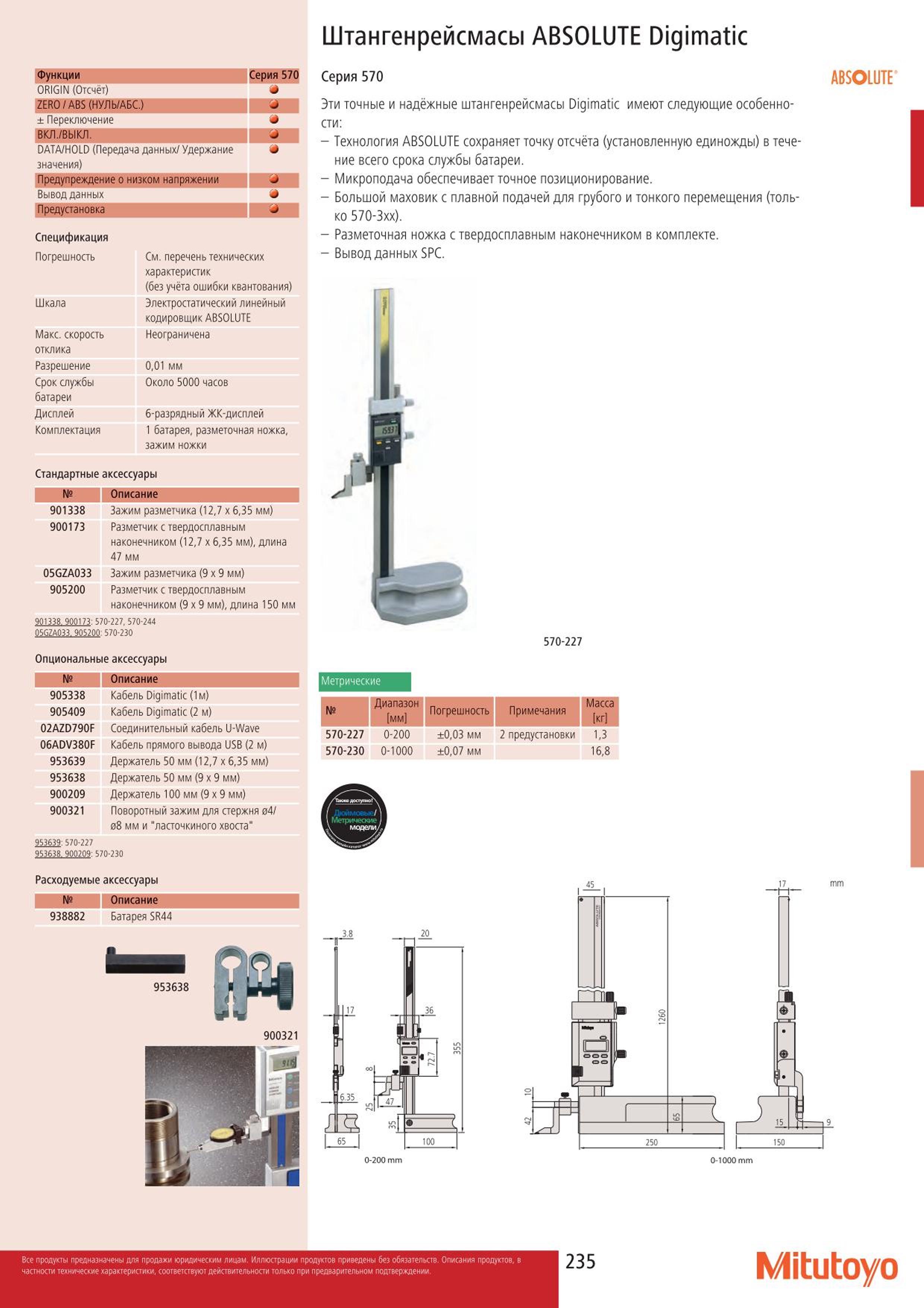 235 Надежные цифровые штангенрейсмасы Mitutoyo 570-227 570-230 ABSOLUTE Digimatic Спецификация измерительных инструментов Стандартные и дополнительные доп Каталог MITUTOYO 2015 Измерительный инструмент метрологическое оборудование и контрольно-измерительные приборы Стр. 235