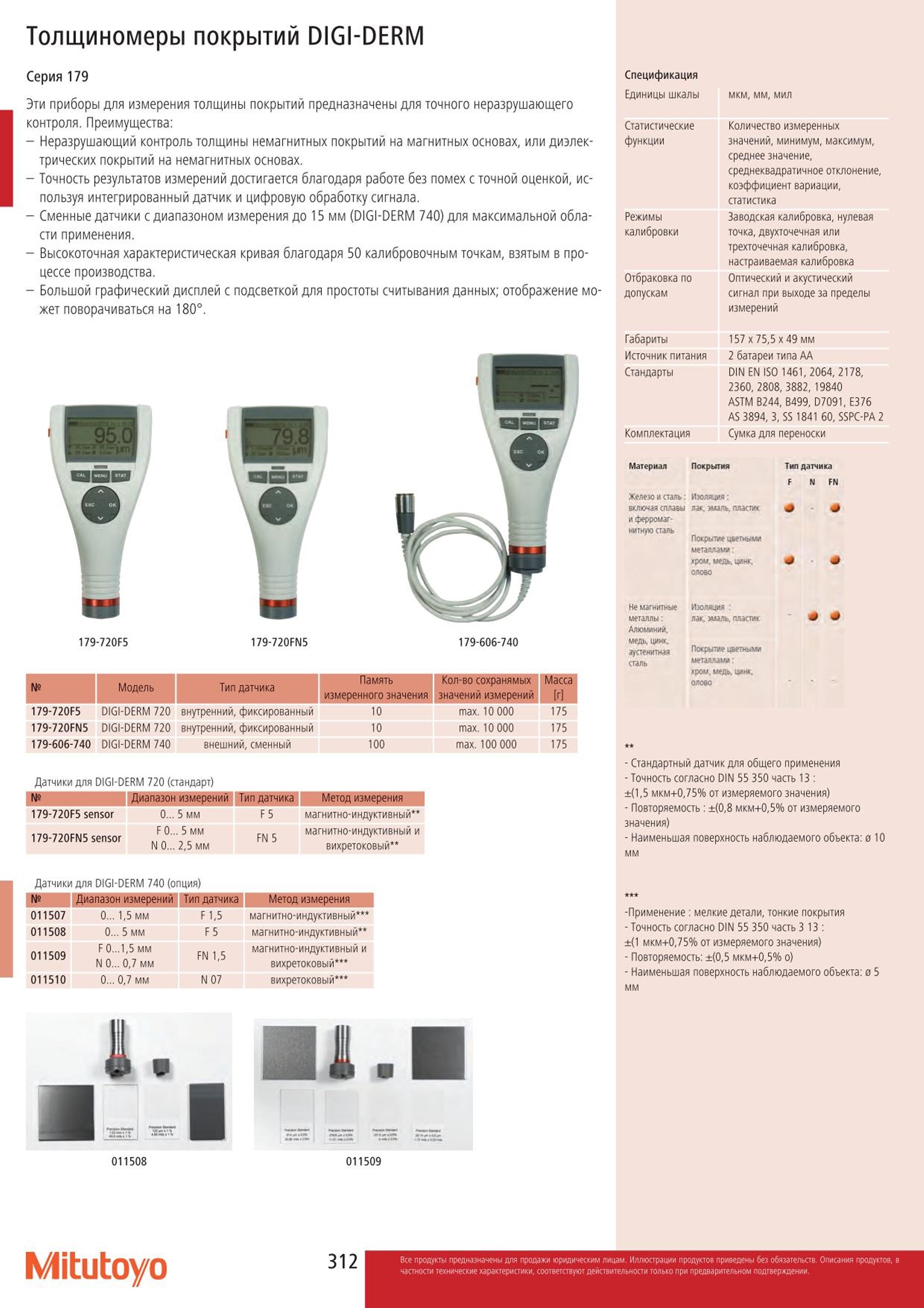 312 Цифровые толщиномеры покрытий Mitutoyo DIGI-DERM 720 740 179-720F5 179-720FN5 179-606-740 Измерительные приборы для точного неразрушающего контроля Сп Каталог MITUTOYO 2015 Измерительный инструмент метрологическое оборудование и контрольно-измерительные приборы Стр. 312