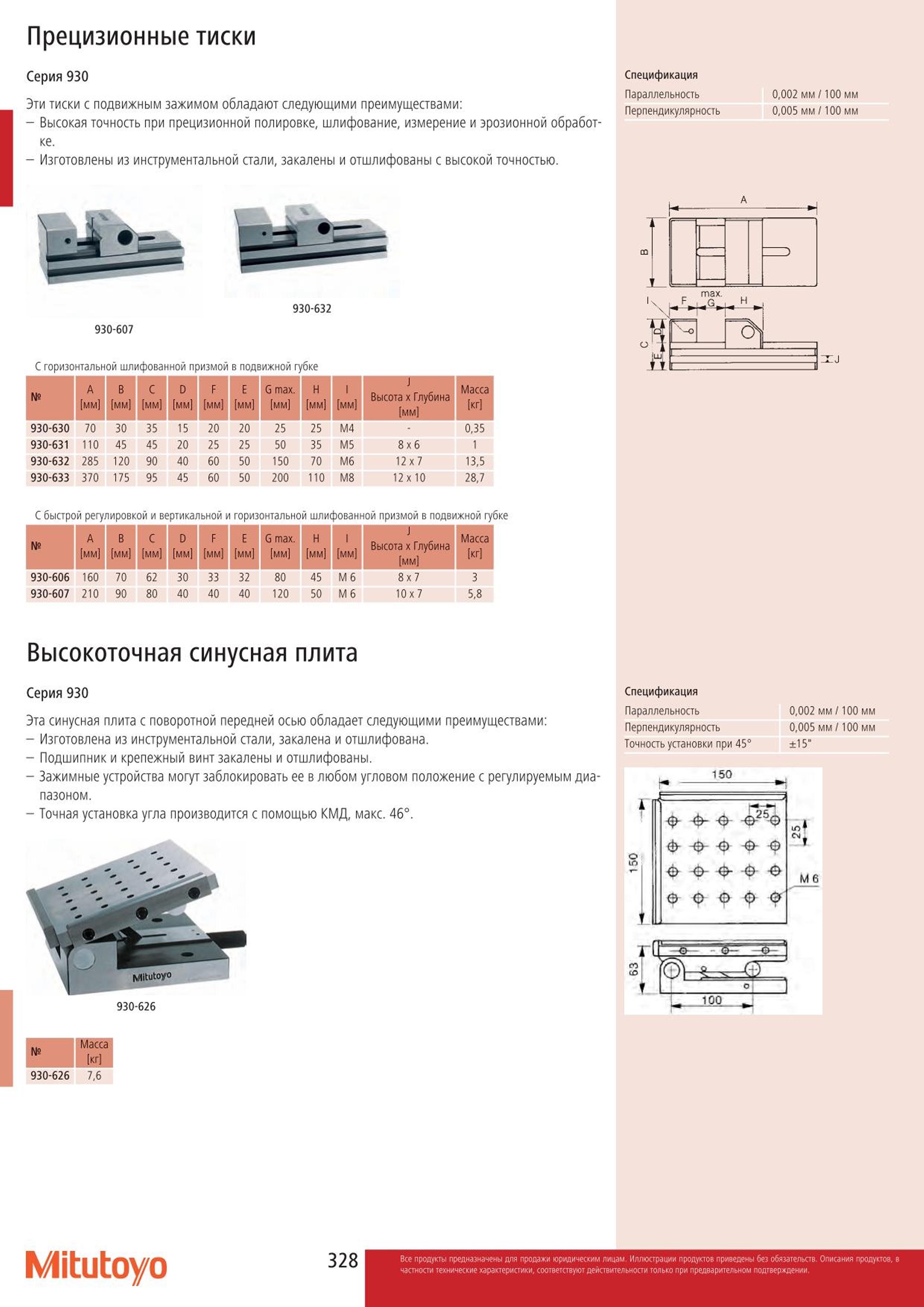 328 Синусная плита Mitutoyo 930 серии 930-626 с поворотной передней осью Основные преимущества Общий вид Спецификация вспомогательного приспособления Прец Каталог MITUTOYO 2015 Измерительный инструмент метрологическое оборудование и контрольно-измерительные приборы Стр. 328
