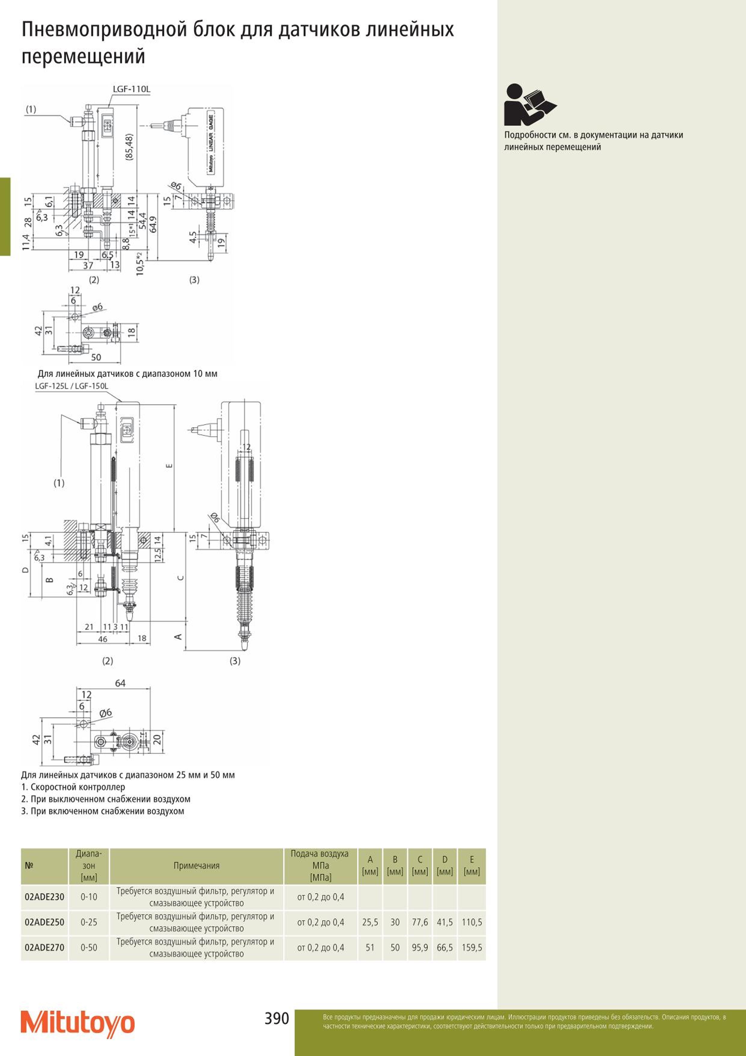 390 Пневмоприводной блок Mitutoyo для датчиков линейных перемещений LGF-110L Для линейных датчиков с диапазоном 10 мм LGF-125L LGF-1501- Подробности см. в Каталог MITUTOYO 2015 Измерительный инструмент метрологическое оборудование и контрольно-измерительные приборы Стр. 390