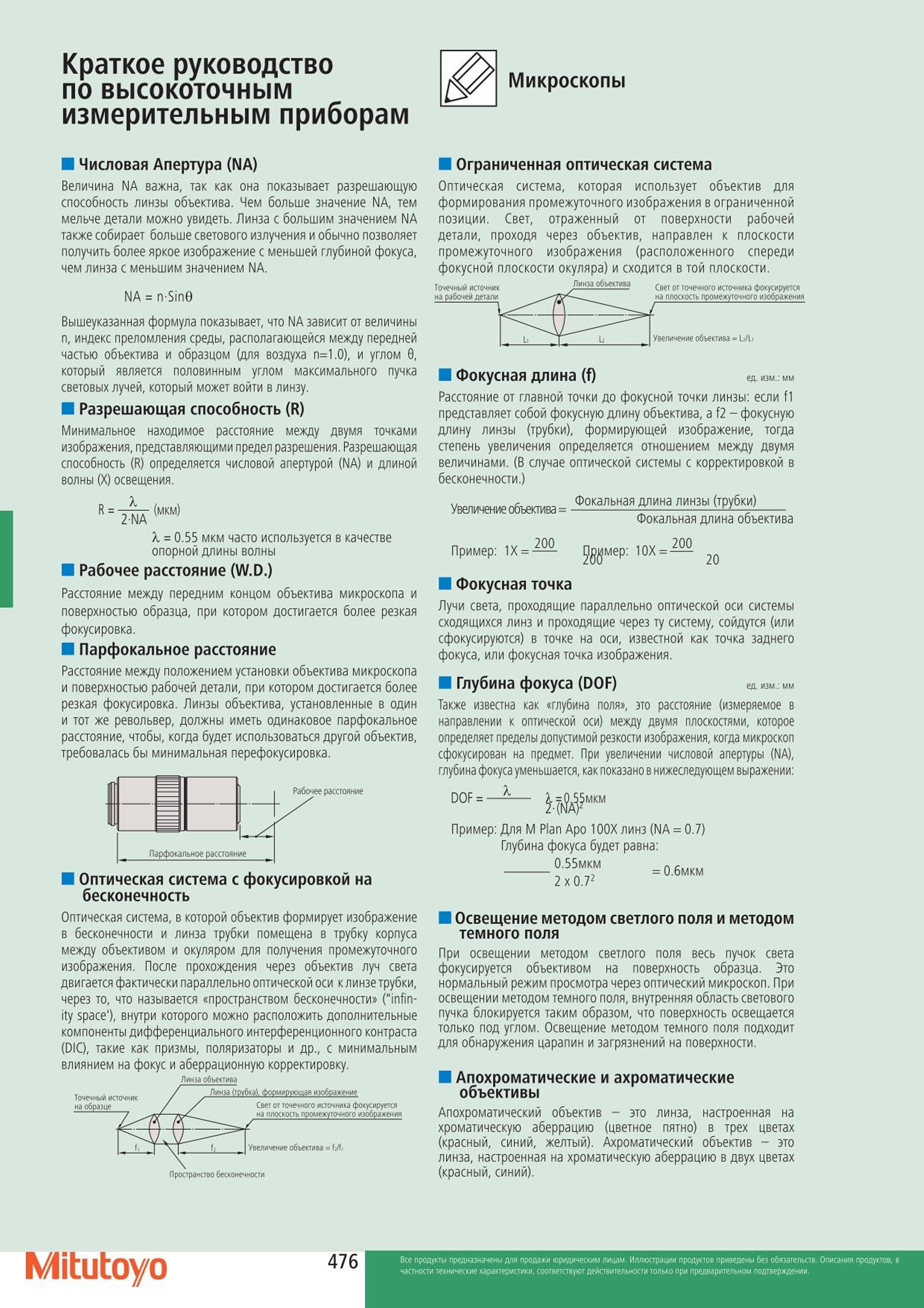 476 Краткое руководство Mitutoyo Микроскопы измерительным приборам Числовая Апертура (NA) Величина NA важна так как она показывает разрешающую способность Каталог MITUTOYO 2015 Измерительный инструмент метрологическое оборудование и контрольно-измерительные приборы Стр. 476