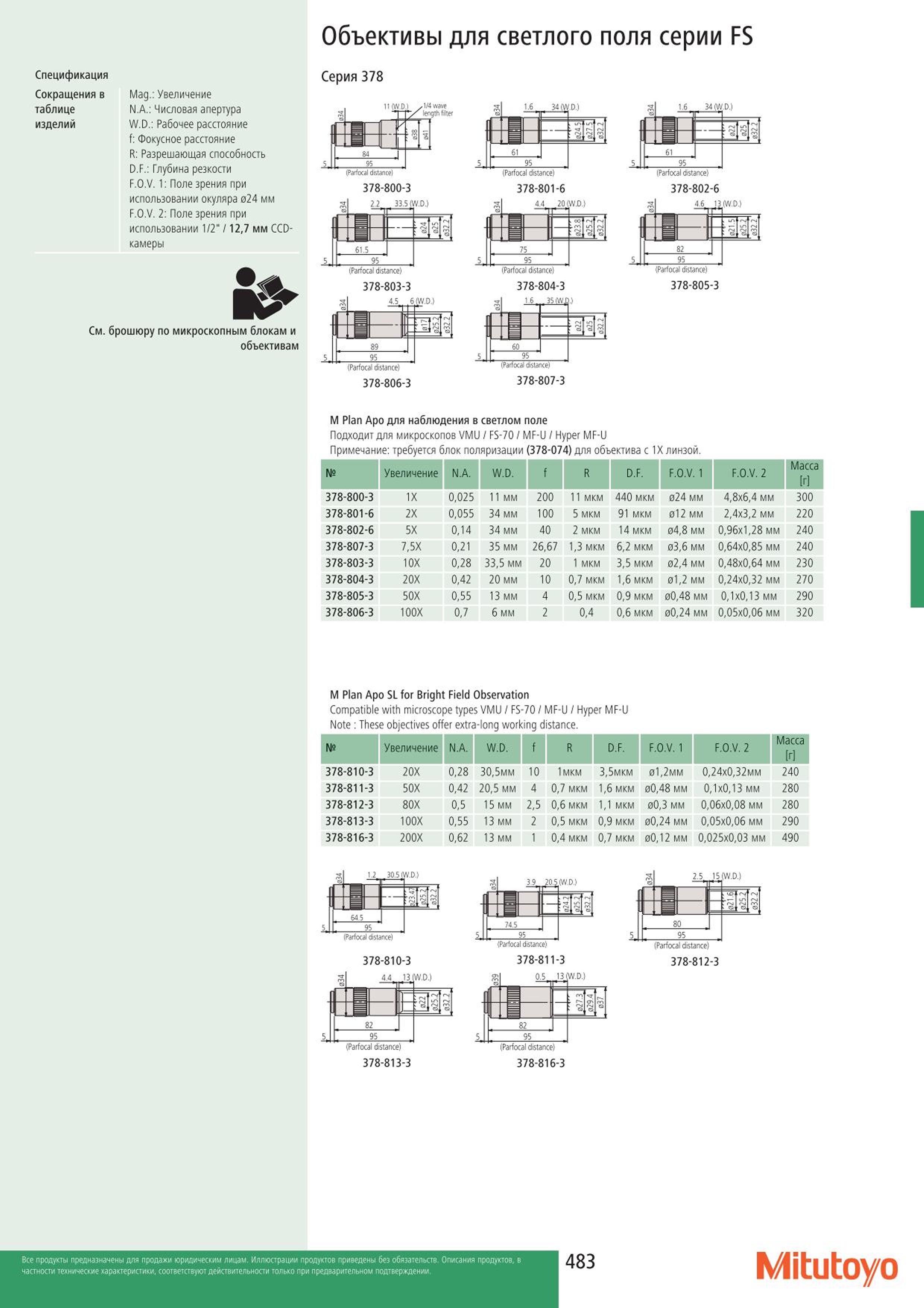 483 Объективы Mitutoyo для светлого поля серии FS Спецификация Сокращения в Mag.: Увеличение таблице N.A.: Числовая апертура изделий W.D.: Рабочее расстоя Каталог MITUTOYO 2015 Измерительный инструмент метрологическое оборудование и контрольно-измерительные приборы Стр. 483