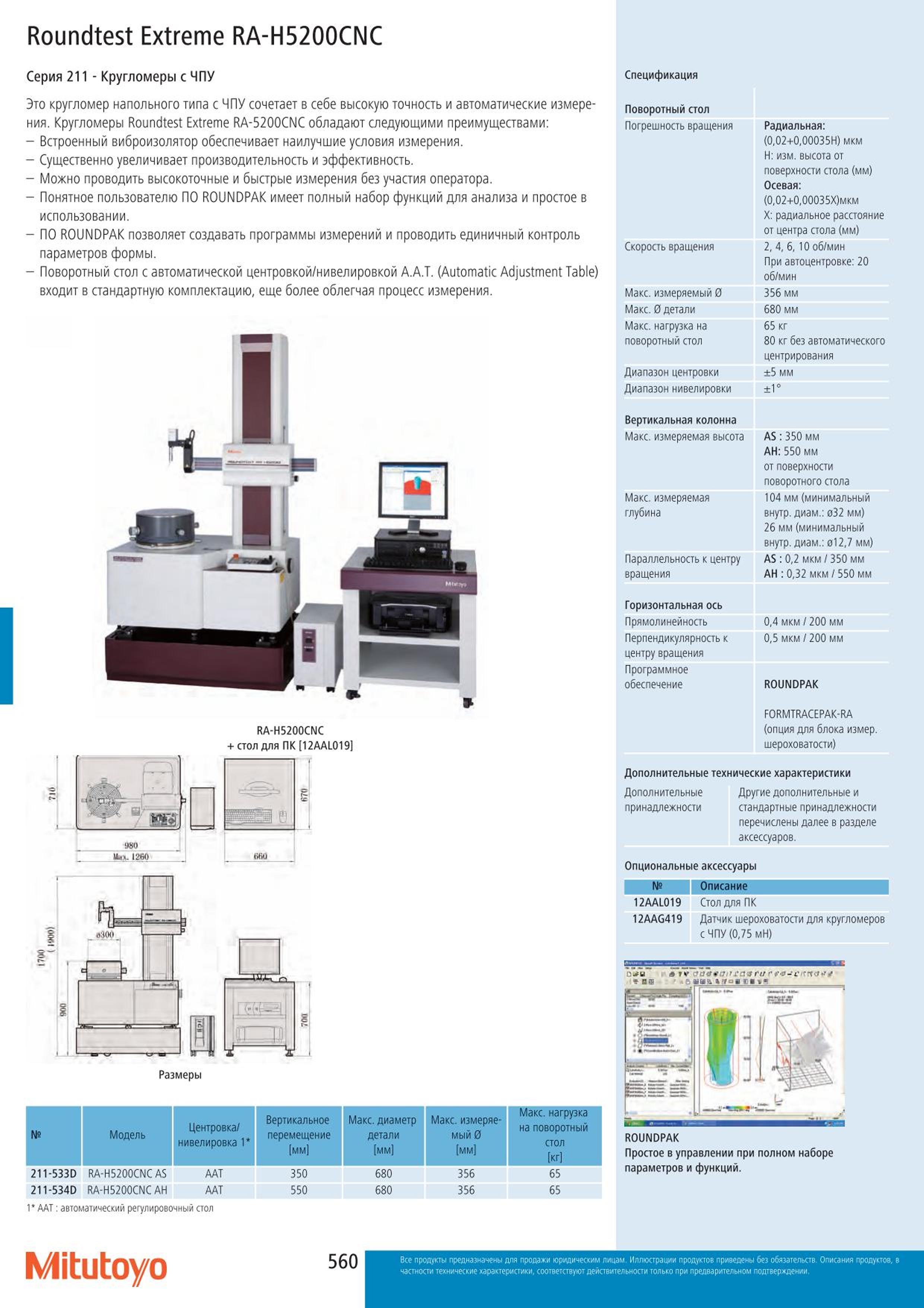 560 Кругломеры Mitutoyo с ЧПУ Roundtest Extreme RA-H5200CNC Серия 211 Это кругломер напольного типа с ЧПУ сочетает в себе высокую точность и автоматически Каталог MITUTOYO 2015 Измерительный инструмент метрологическое оборудование и контрольно-измерительные приборы Стр. 560