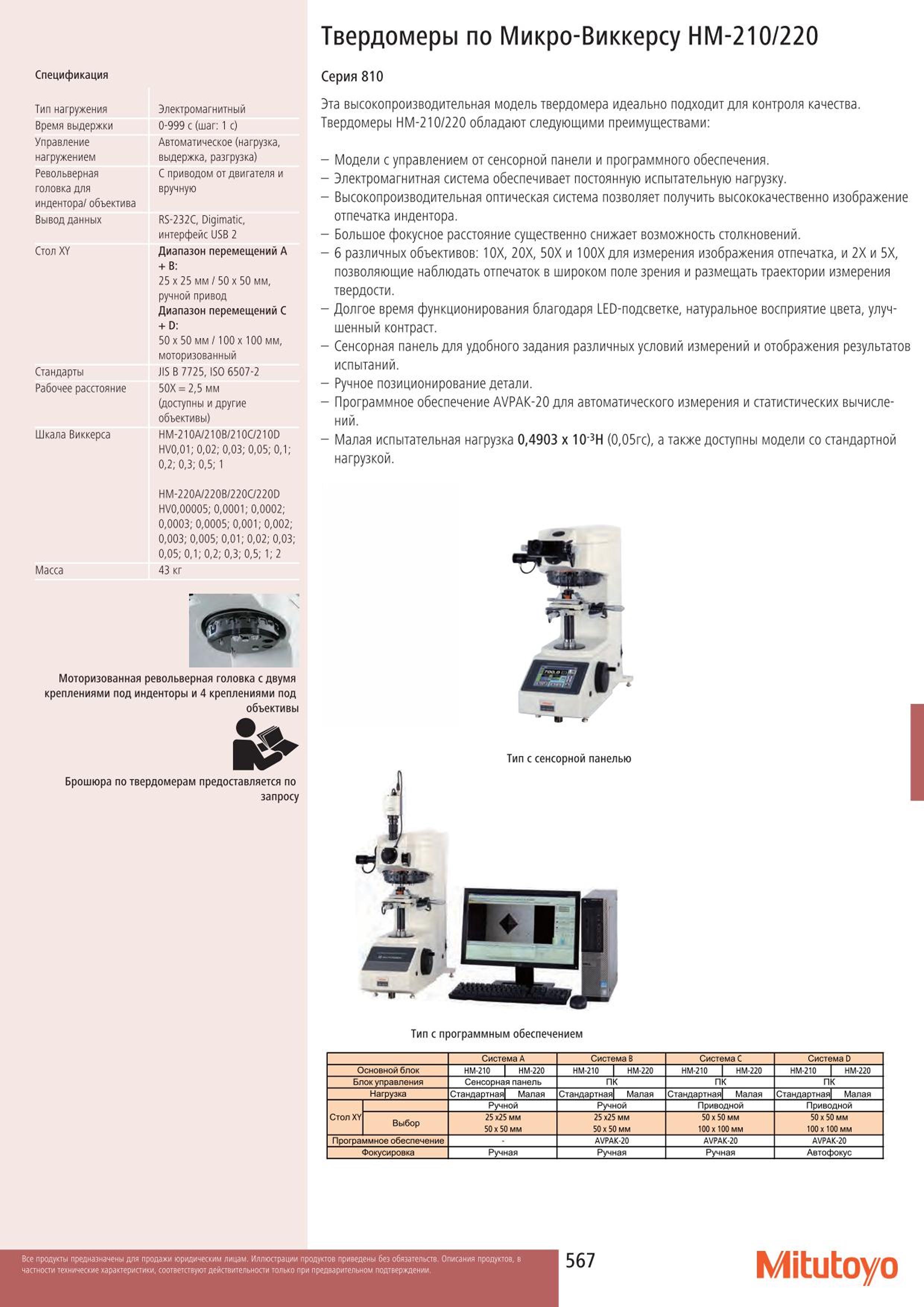 567 Стационарные твердомеры Mitutoyo HM-210 HM-220 для измерения твердости материалов Шкала Виккерса Высокопроизводительные модели контрольно-измерительно Каталог MITUTOYO 2015 Измерительный инструмент метрологическое оборудование и контрольно-измерительные приборы Стр. 567
