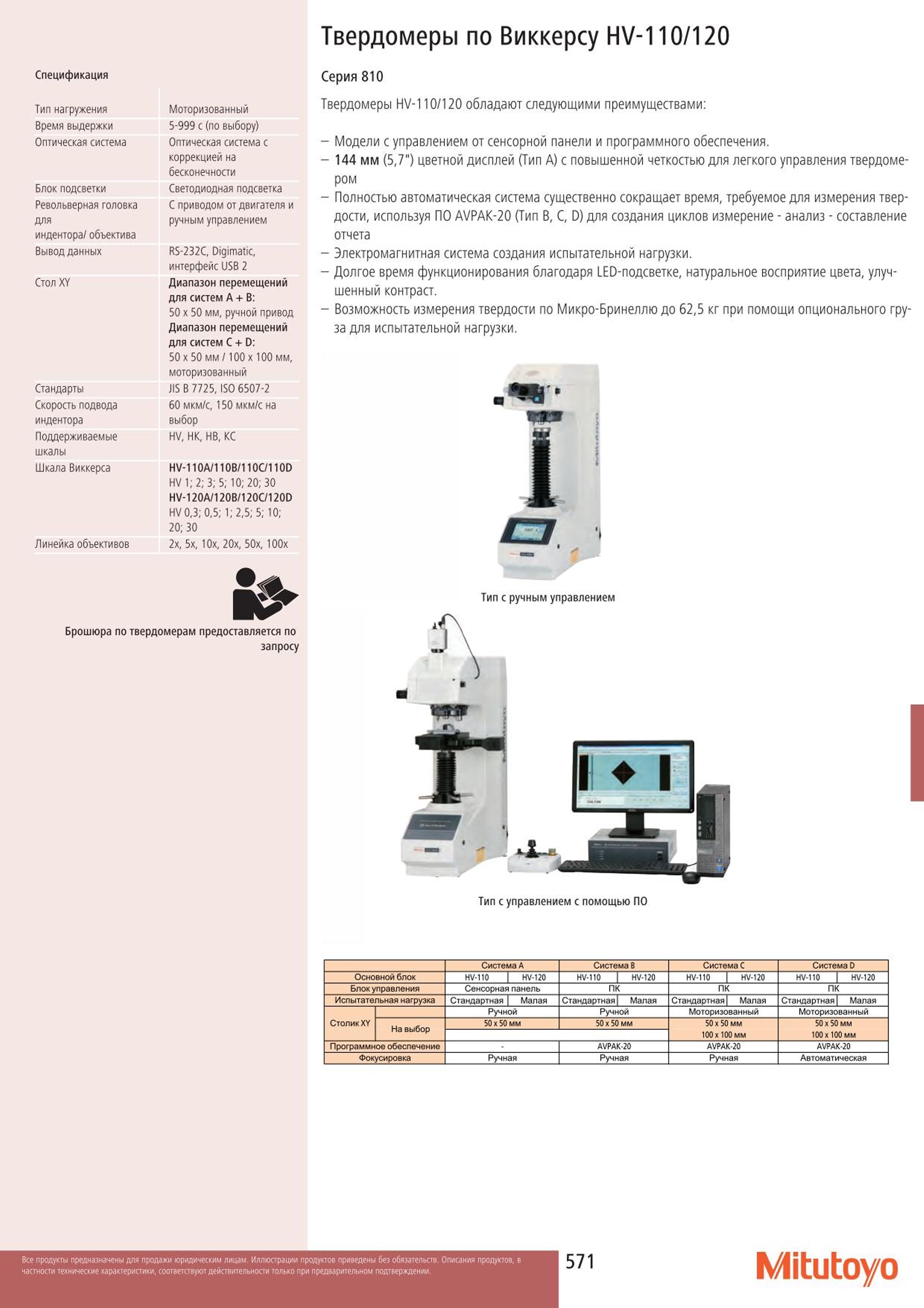 571 Твердомеры Mitutoyo по Виккерсу HV-110 120 Спецификация Тип нагружения Моторизованный Время выдержки 5-999 с (по выбору) Оптическая система Оптическая Каталог MITUTOYO 2015 Измерительный инструмент метрологическое оборудование и контрольно-измерительные приборы Стр. 571
