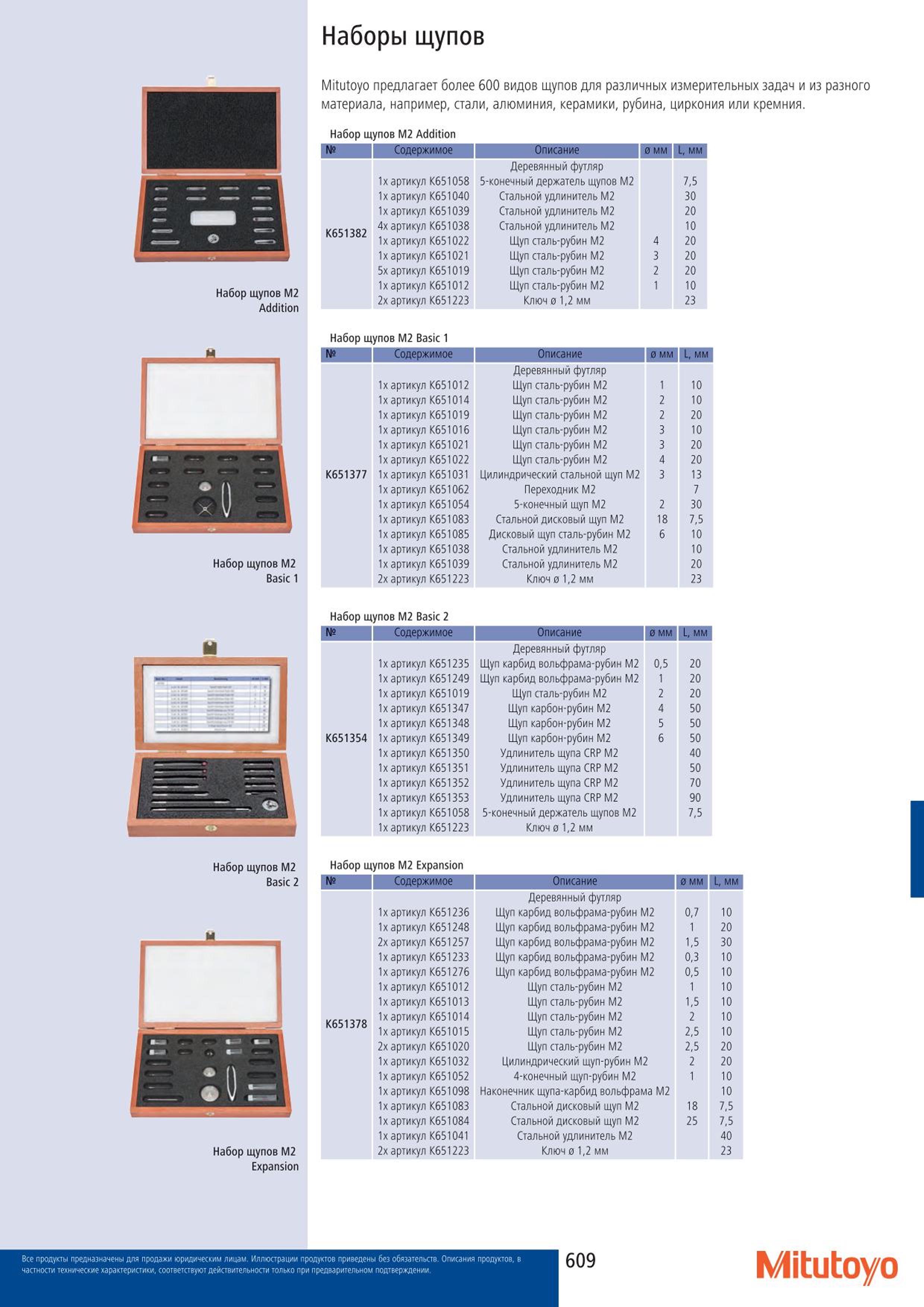 609 Наборы щупов Mitutoyo М2 Addition Набор щупов М2 Basic 1 и Набор щупов М2 Basic 2 Набор щупов М2 Expansion Mitutoyo предлагает более 600 видов щупов д Каталог MITUTOYO 2015 Измерительный инструмент метрологическое оборудование и контрольно-измерительные приборы Стр. 609
