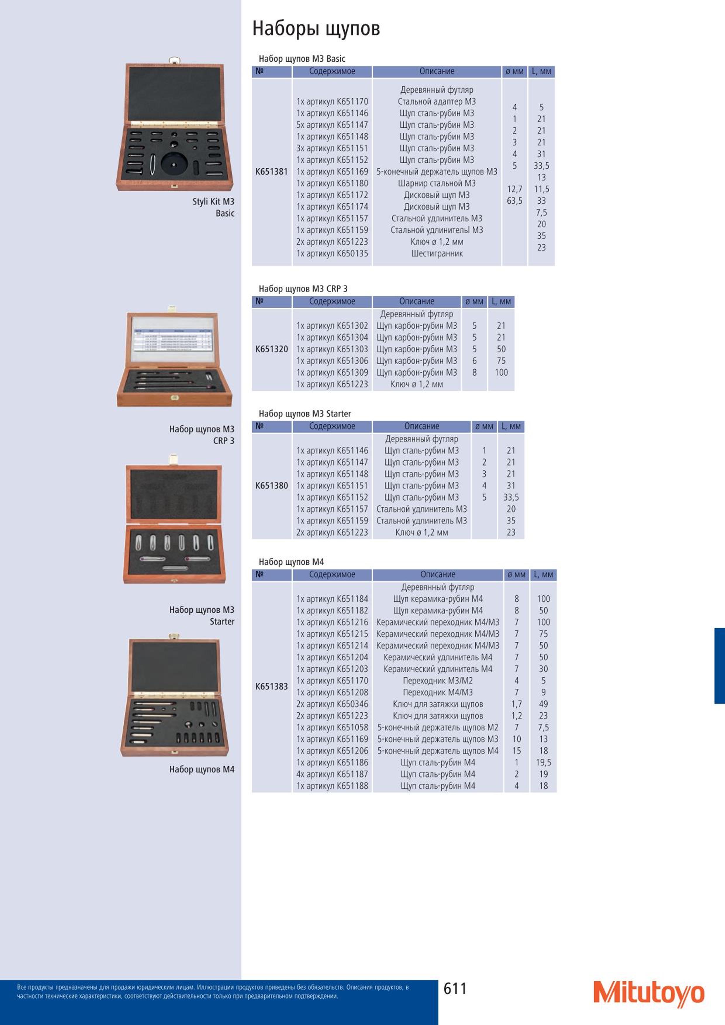 611 Набор щупов Mitutoyo Styli Kit М3 Basic М3 CRP 3 Набор щупов М3 Starter Набор щупов М4 Наборы щупов Набор щупов М3 Basic 0 мм L мм К651381 1х артикул Каталог MITUTOYO 2015 Измерительный инструмент метрологическое оборудование и контрольно-измерительные приборы Стр. 611