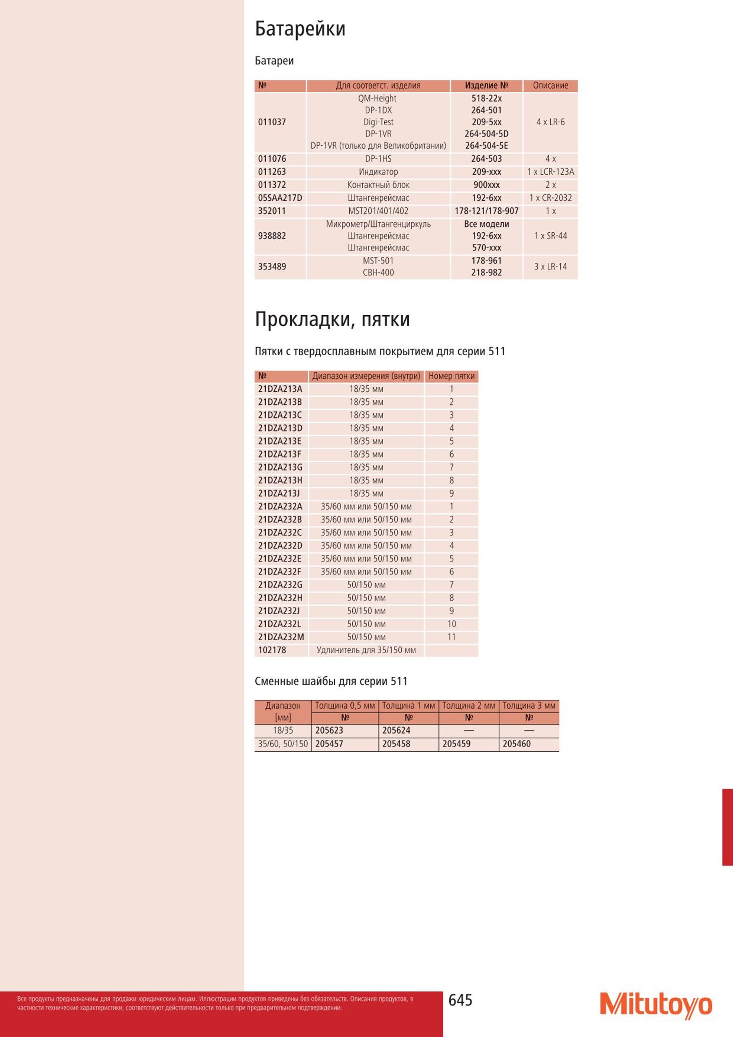 645 Батарейки Батареи Mitutoyo Изделие Описание 011037 QM-Height DP-1DX Digi-Test DP-1VR DP-1VR (только для Великобритании) 518-22Х 264-501 209-5хх 264-50 Каталог MITUTOYO 2015 Измерительный инструмент метрологическое оборудование и контрольно-измерительные приборы Стр. 645