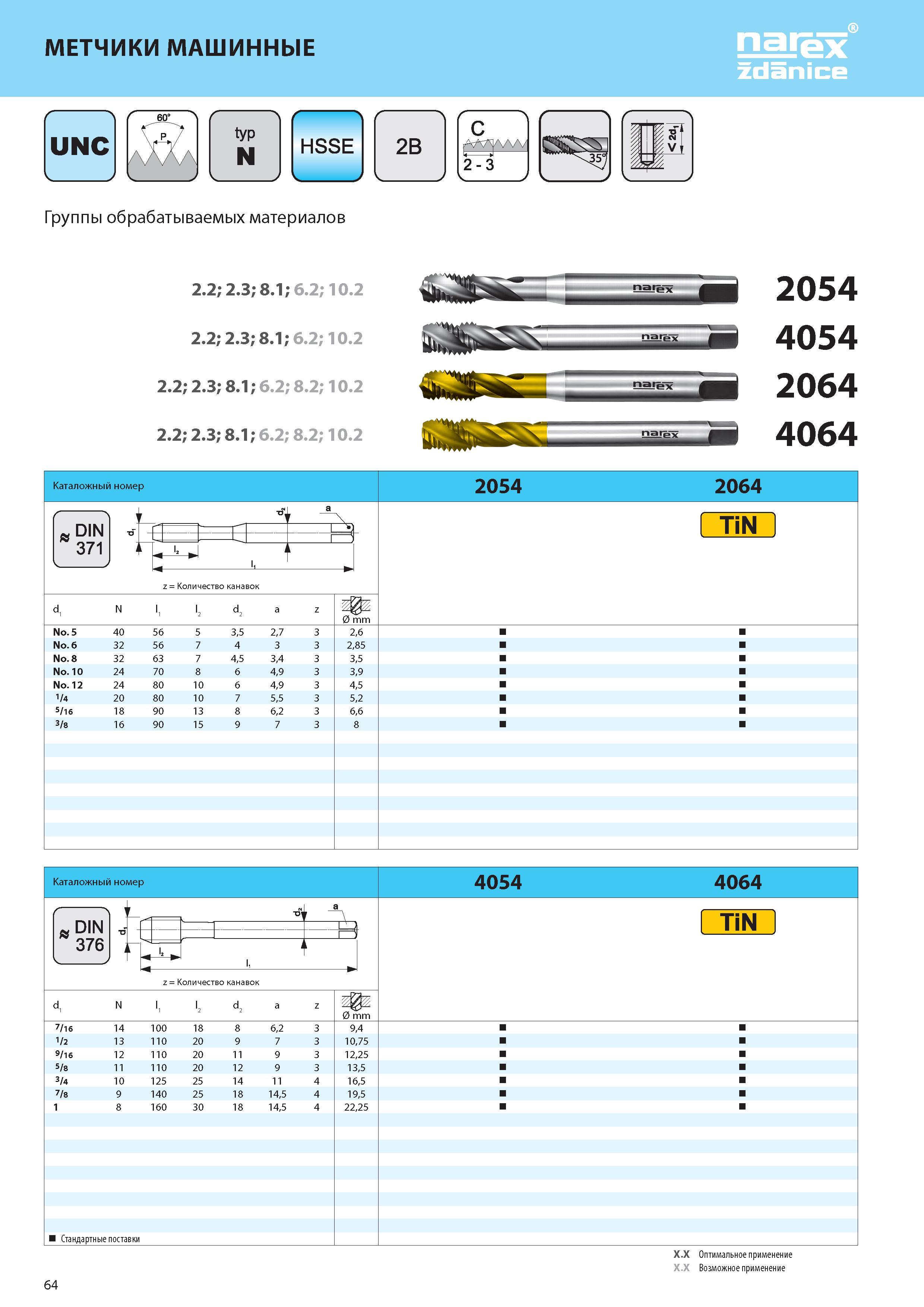 69 МЕТЧИКИ МАШИННЫЕ UNC Группы обрабатываемых материалов 2-3 S N ' J 2 2; 2 3; 8 1; 6 2; 10 2 2 2; 2 3; 8 1; 6 2; 10 2 2 2; 2 3; 8 1; 6 2; 8 2; 10 2 Каталог NAREX ZDANICE 2015 Инструмент резьбовой Метчики машинные и ручные Раскатники бесстружечные метрические и дюймовые Плашки круглые из Чешской Республики Издание 27 Стр. 64