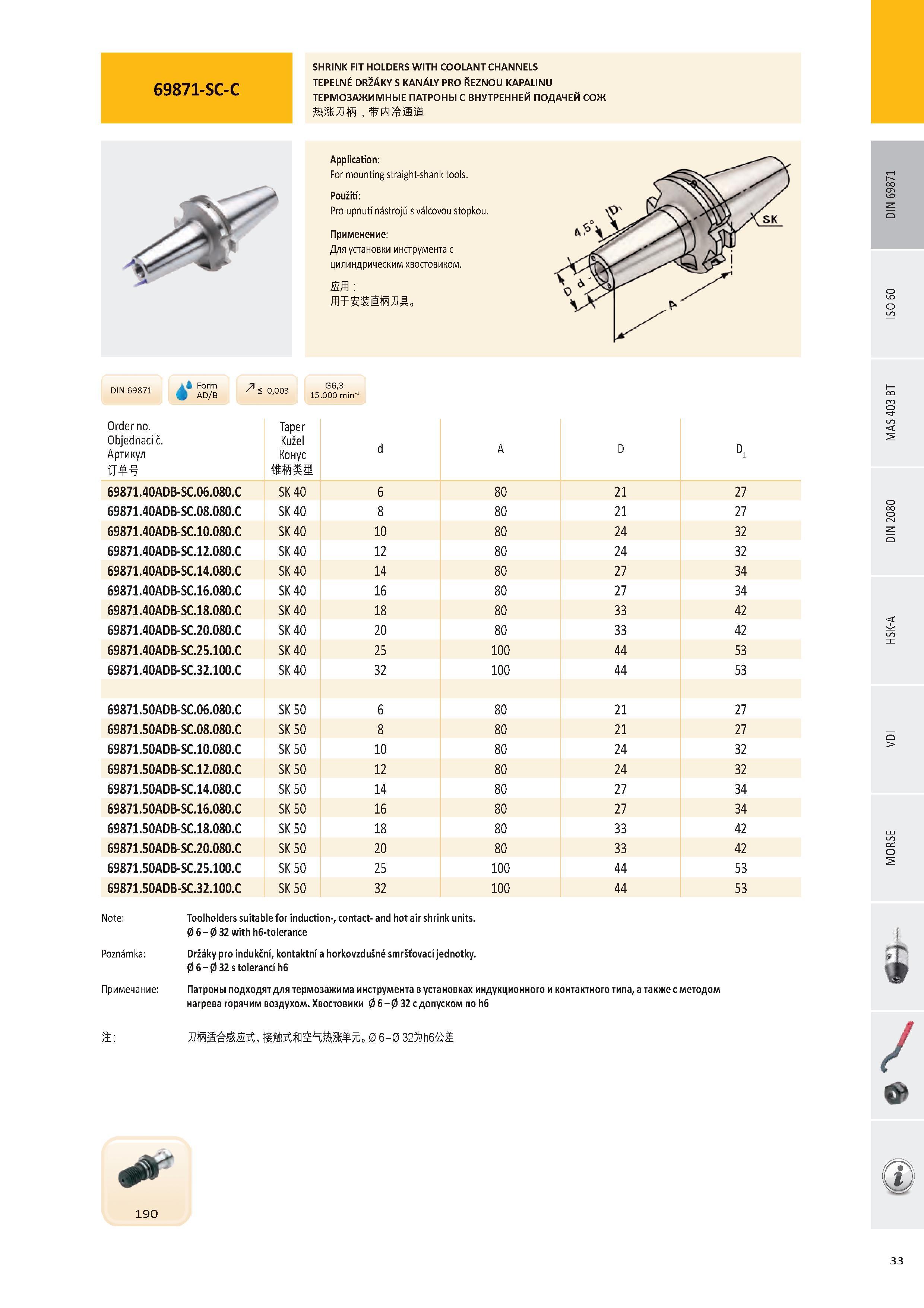 34 ТЕРМОЗАЖИМНЫЕ ПАТРОНЫ С ВНУТРЕННЕЙ ПОДАЧЕЙ СОЖ DIN 69871 Order no Objednací č Артикул Taper Kužel Конус d A D D 69871 40ADB-SC 06 080 C SK 40 6 80 21 27 69 Каталог PRAMET 2016 Инструментальная оснастка для металлорежущих станков и металлообрабатывающих промышленных комплексов с числовым программным управлением Стр. 33