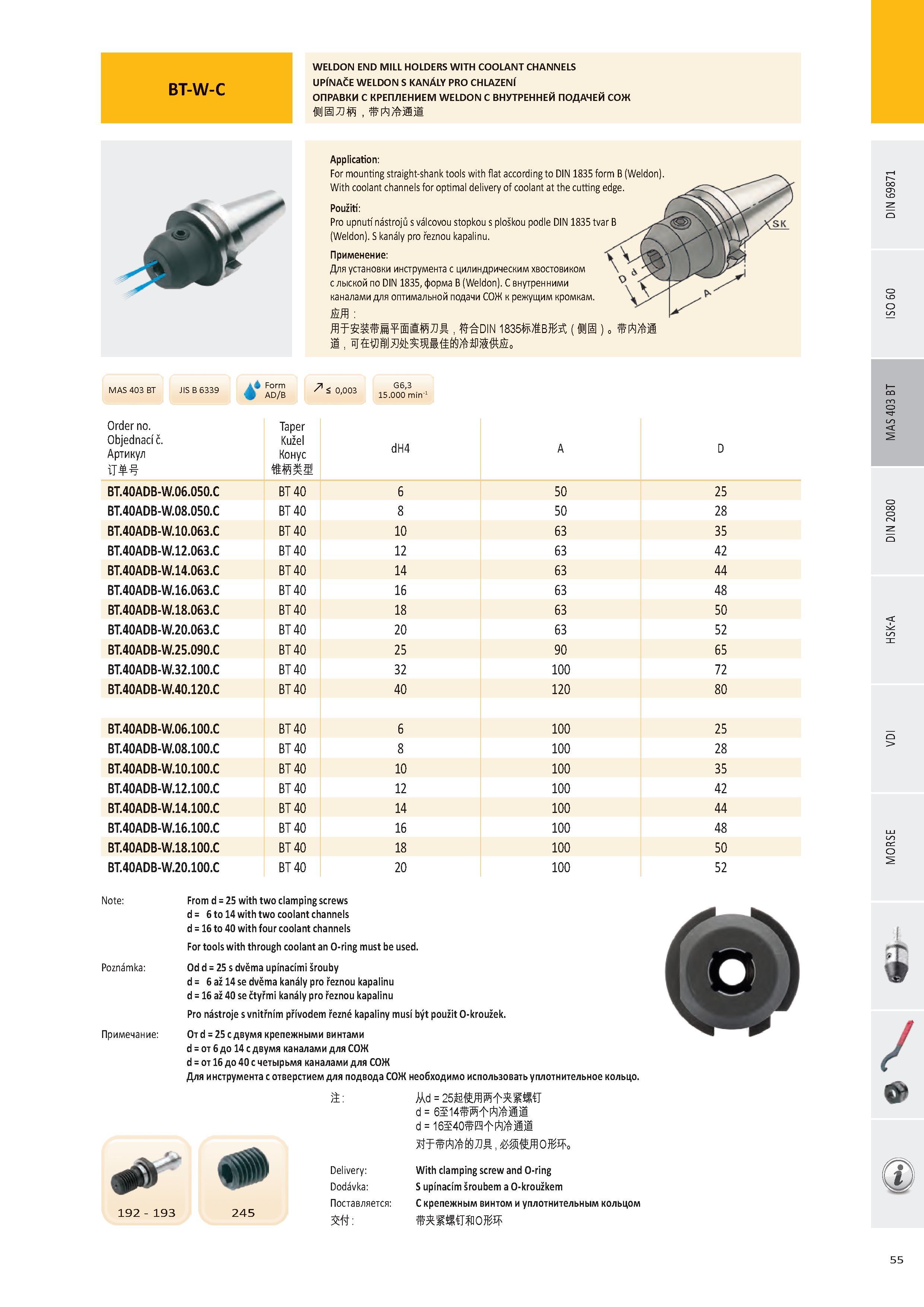 56 BT-W-C WELDON END MILL HOLDERS WITH COOLANT CHANNELS UPÍNAČE WELDON S KANÁLY PRO CHLAZENÍ ОПРАВКИ С КРЕПЛЕНИЕМ WELDON С ВНУТРЕННЕЙ ПОДАЧЕЙ СОЖ Application: Каталог PRAMET 2016 Инструментальная оснастка для металлорежущих станков и металлообрабатывающих промышленных комплексов с числовым программным управлением Стр. 55