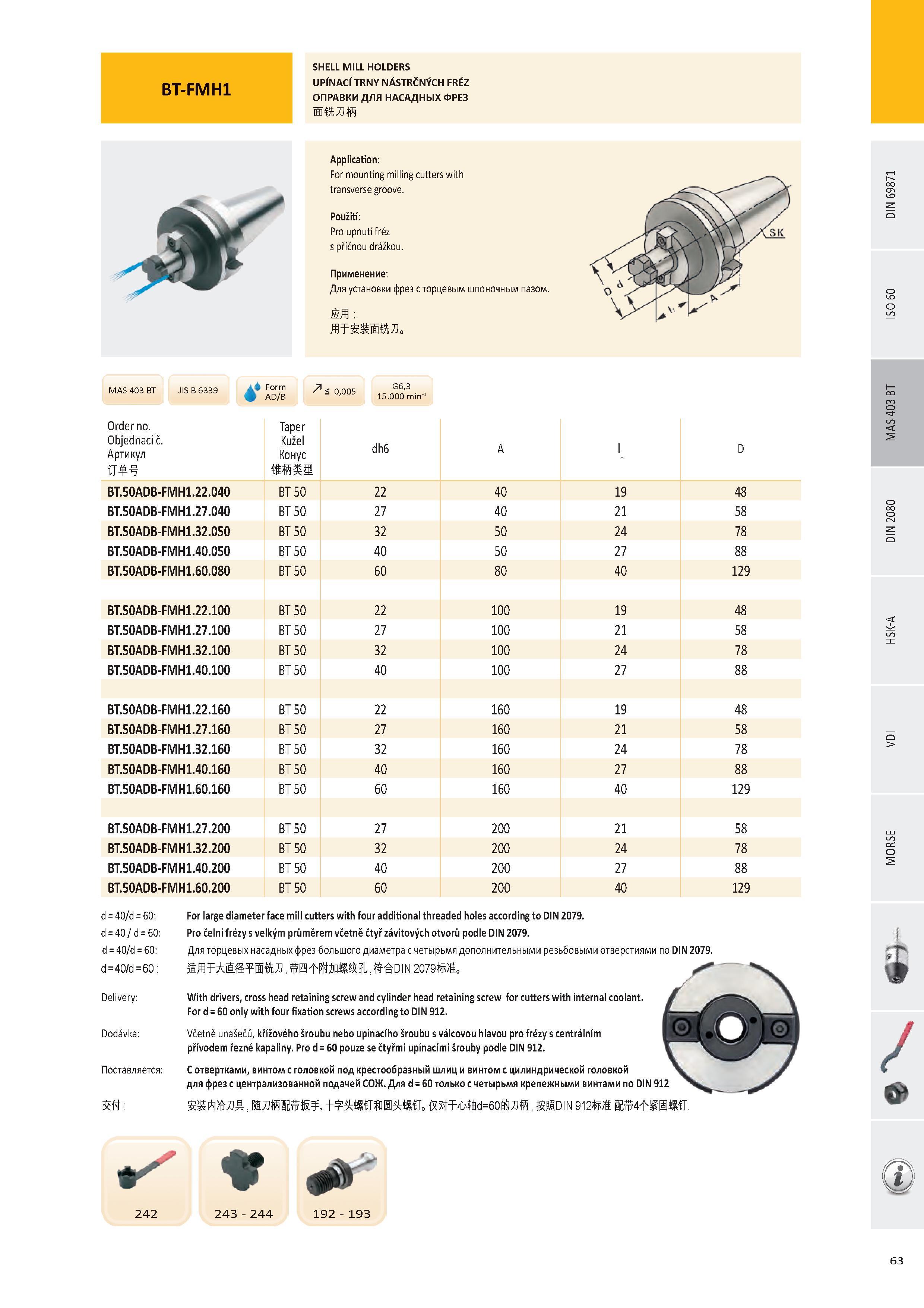 64 BT-FMH1 SHELL MILL HOLDERS UPÍNACÍ TRNY NÁSTRČNÝCH FRÉZ ОПРАВКИ ДЛЯ НАСАДНЫХ ФРЕЗ MAS 403 BT ké Form 71 < 0 005 G6'3 I AD/B 15 000 min1 JIS B 6339 Order no Каталог PRAMET 2016 Инструментальная оснастка для металлорежущих станков и металлообрабатывающих промышленных комплексов с числовым программным управлением Стр. 63