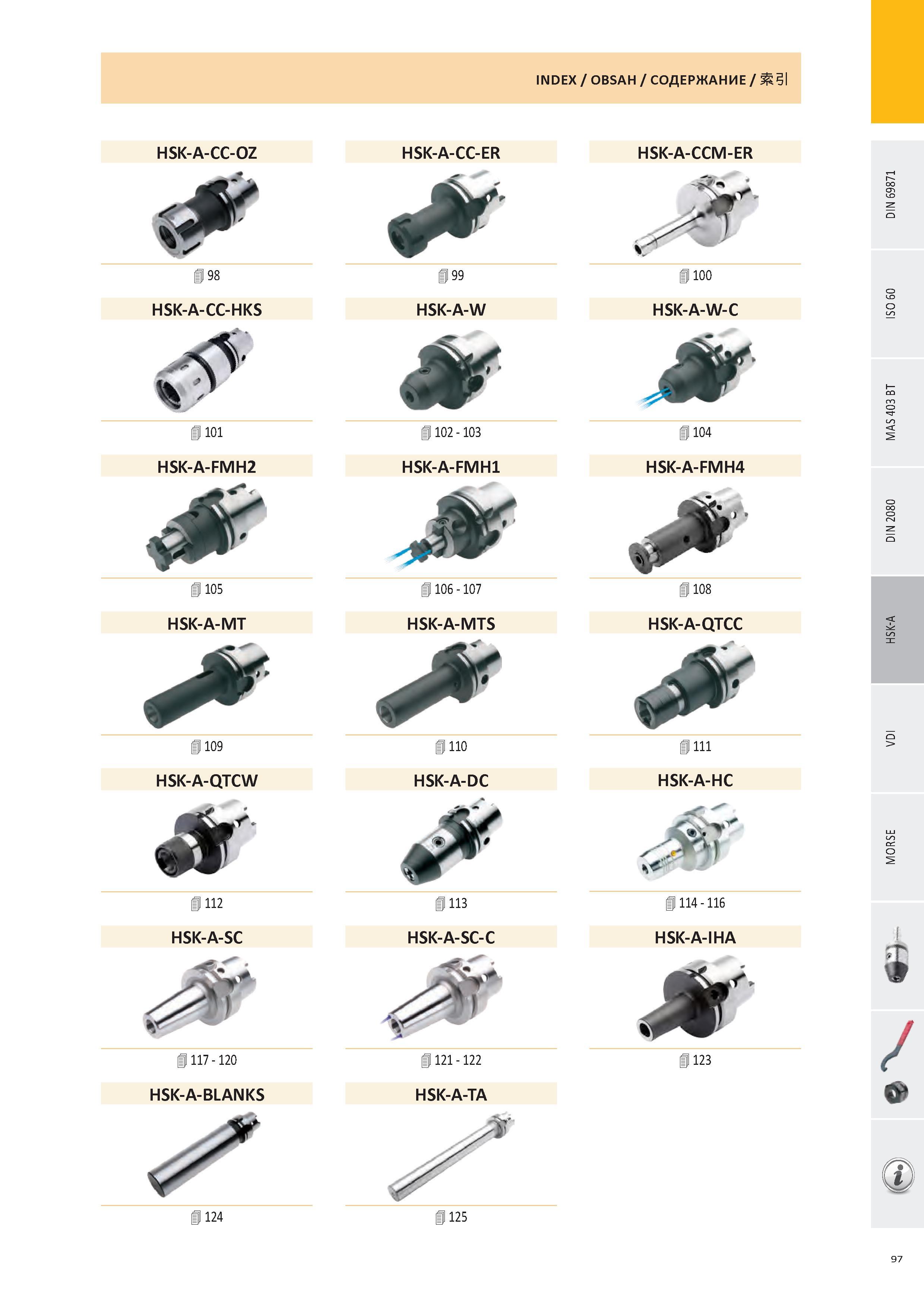 98 INDEX / OBSAH / СОДЕРЖАНИЕ / Ж31 HSK-A-CC-OZ 4 98 HSK-A-CC-HKS HSK-A-FMH2 4 105 HSK-A-MT 4 109 HSK-A-QTCW 4 112 HSK-A-SC 1117-120 HSK-A-BLANKS 1124 HSK-A-C Каталог PRAMET 2016 Инструментальная оснастка для металлорежущих станков и металлообрабатывающих промышленных комплексов с числовым программным управлением Стр. 97