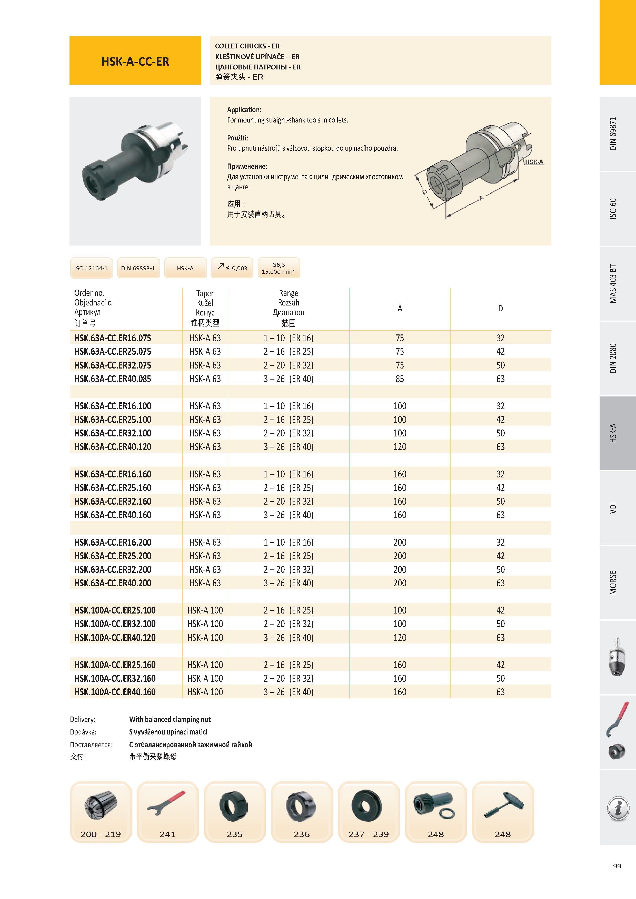 100 HSK-A-CC-ER COLLET CHUCKS - ER KLEŠTINOVÉ UPÍNAČE - ER ЦАНГОВЫЕ ПАТРОНЫ - ER - ER Application: For mounting straight-shank tools in collets Použití: Pro up Каталог PRAMET 2016 Инструментальная оснастка для металлорежущих станков и металлообрабатывающих промышленных комплексов с числовым программным управлением Стр. 99