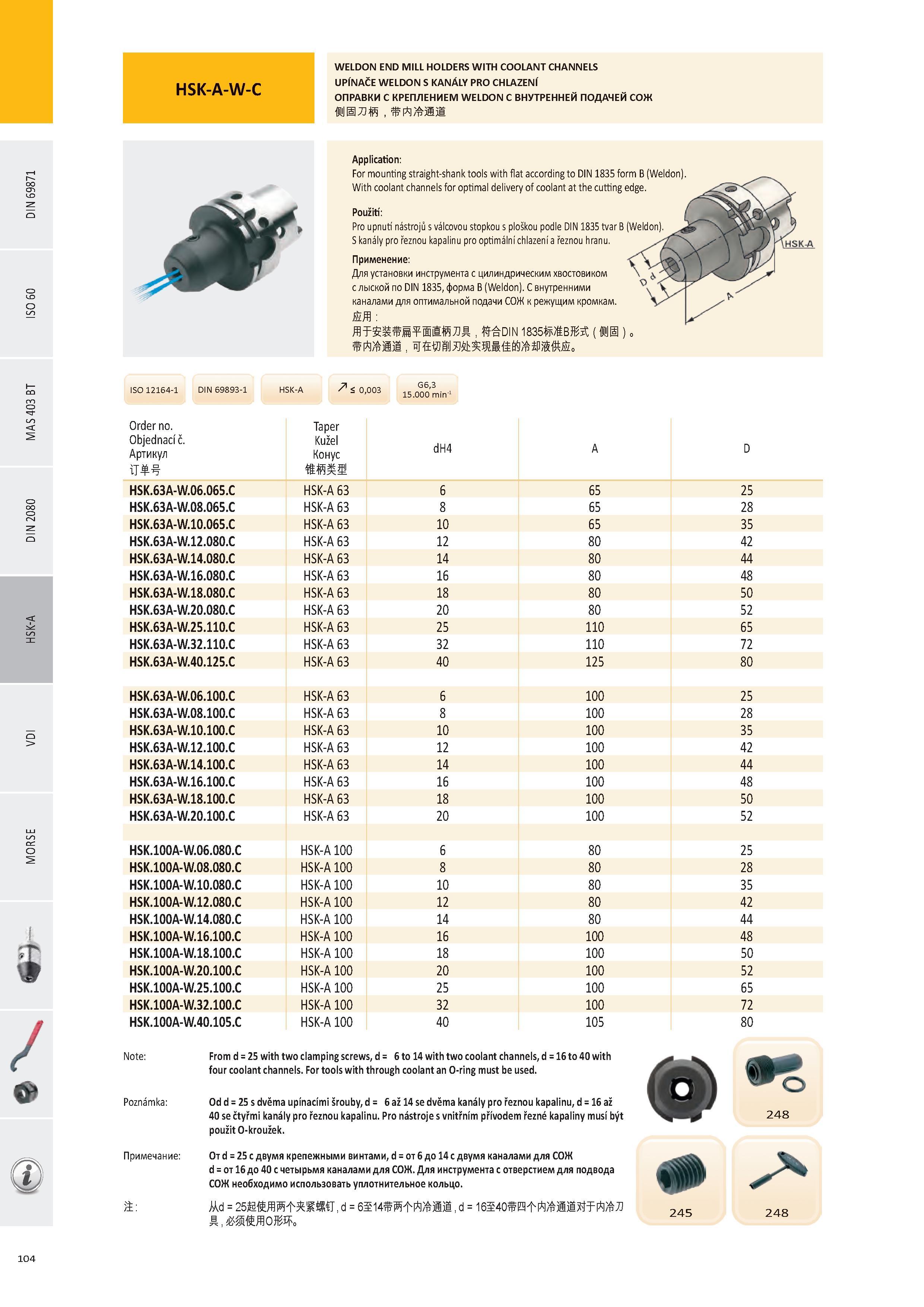 105 HSK-A-W-C WELDON END MILL HOLDERS WITH COOLANT CHANNELS UPÍNAČE WELDON S KANÁLY PRO CHLAZENÍ ОПРАВКИ С КРЕПЛЕНИЕМ WELDON С ВНУТРЕННЕЙ ПОДАЧЕЙ СОЖ Applicati Каталог PRAMET 2016 Инструментальная оснастка для металлорежущих станков и металлообрабатывающих промышленных комплексов с числовым программным управлением Стр. 104