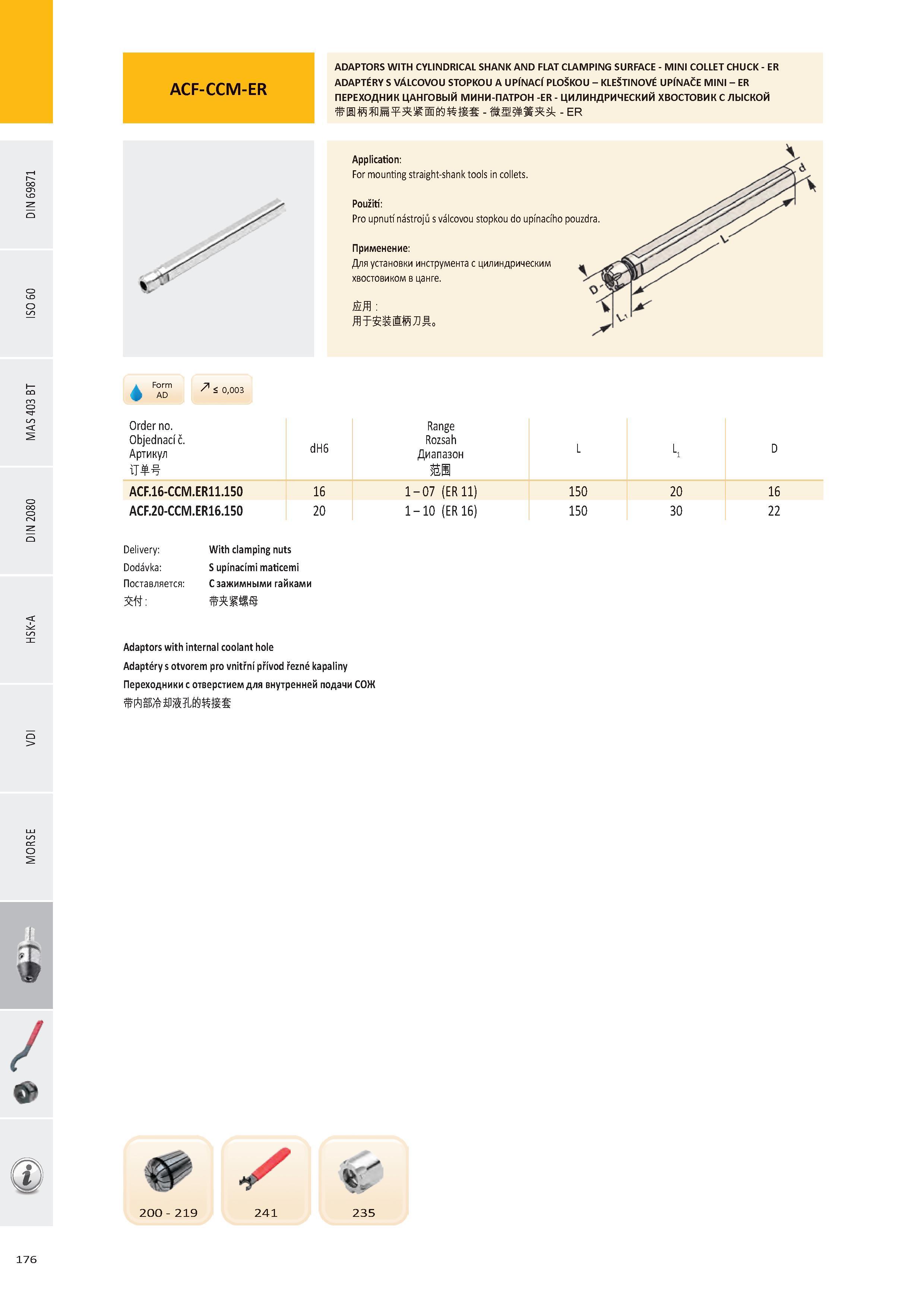 177 ACF-CCM-ER ADAPTORS WITH CYLINDRICAL SHANK AND FLAT CLAMPING SURFACE - MINI COLLET CHUCK - ER ADAPTÉRY S VÁLCOVOU STOPKOU A UPÍNACÍ PLOŠKOU - KLEŠTINOVÉ UP Каталог PRAMET 2016 Инструментальная оснастка для металлорежущих станков и металлообрабатывающих промышленных комплексов с числовым программным управлением Стр. 176