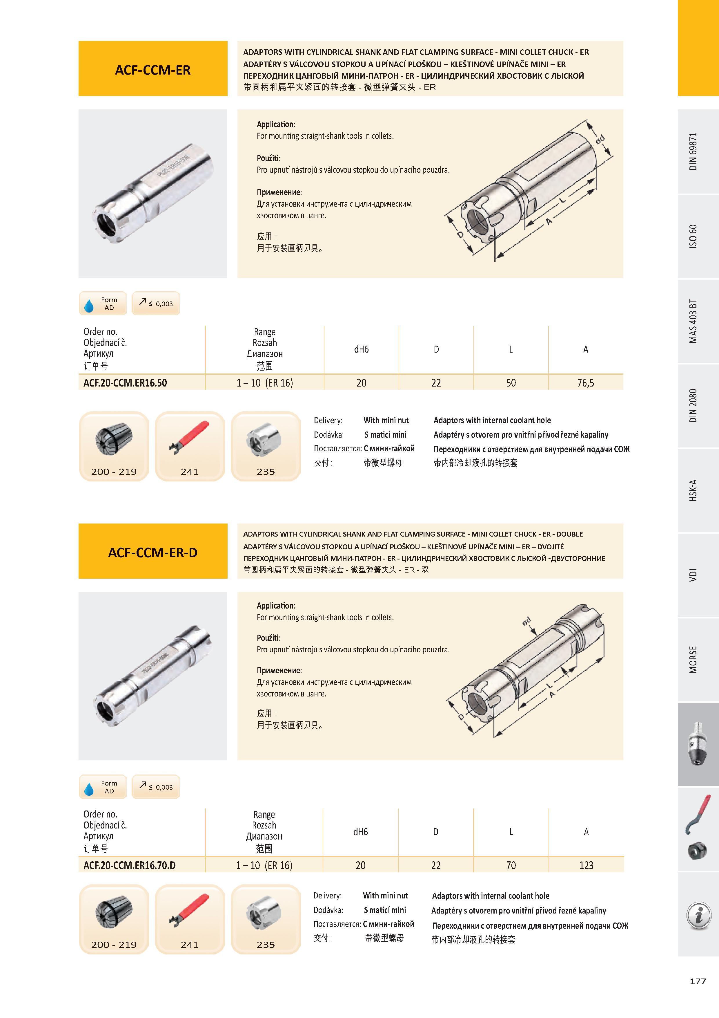 178 ACF-CCM-ER ADAPTORS WITH CYLINDRICAL SHANK AND FLAT CLAMPING SURFACE - MINI COLLET CHUCK - ER ADAPTÉRY S VÁLCOVOU STOPKOU A UPÍNACÍ PLOŠKOU - KLEŠTINOVÉ UP Каталог PRAMET 2016 Инструментальная оснастка для металлорежущих станков и металлообрабатывающих промышленных комплексов с числовым программным управлением Стр. 177