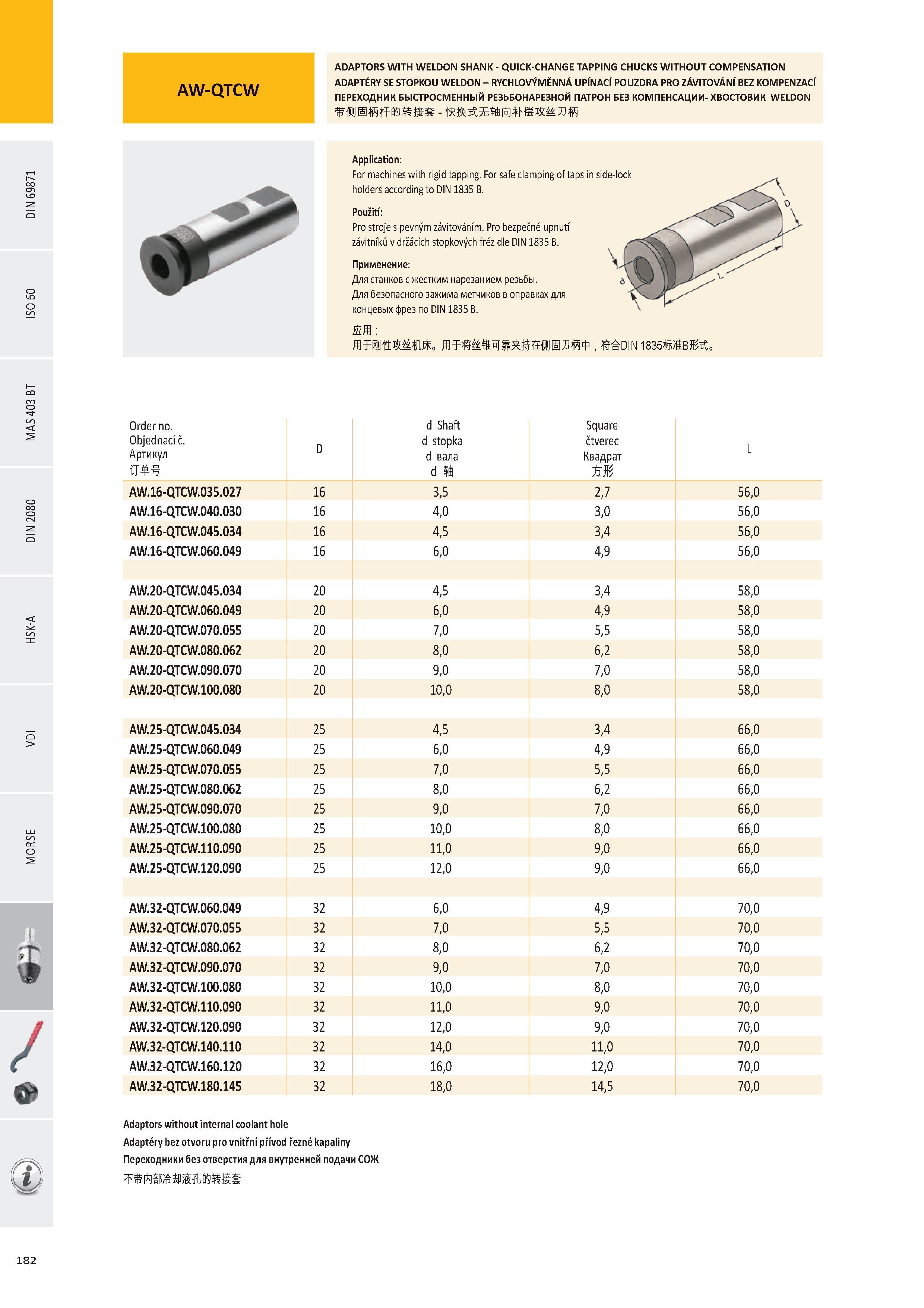 183 ADAPTORS WITH WELDON SHANK - QUICK-CHANGE TAPPING CHUCKS WITHOUT COMPENSATION ADAPTÉRY SE STOPKOU WELDON - RYCHLOVÝMĚNNÁ UPÍNACÍ POUZDRA PRO ZÁVITOVÁNÍ BEZ Каталог PRAMET 2016 Инструментальная оснастка для металлорежущих станков и металлообрабатывающих промышленных комплексов с числовым программным управлением Стр. 182