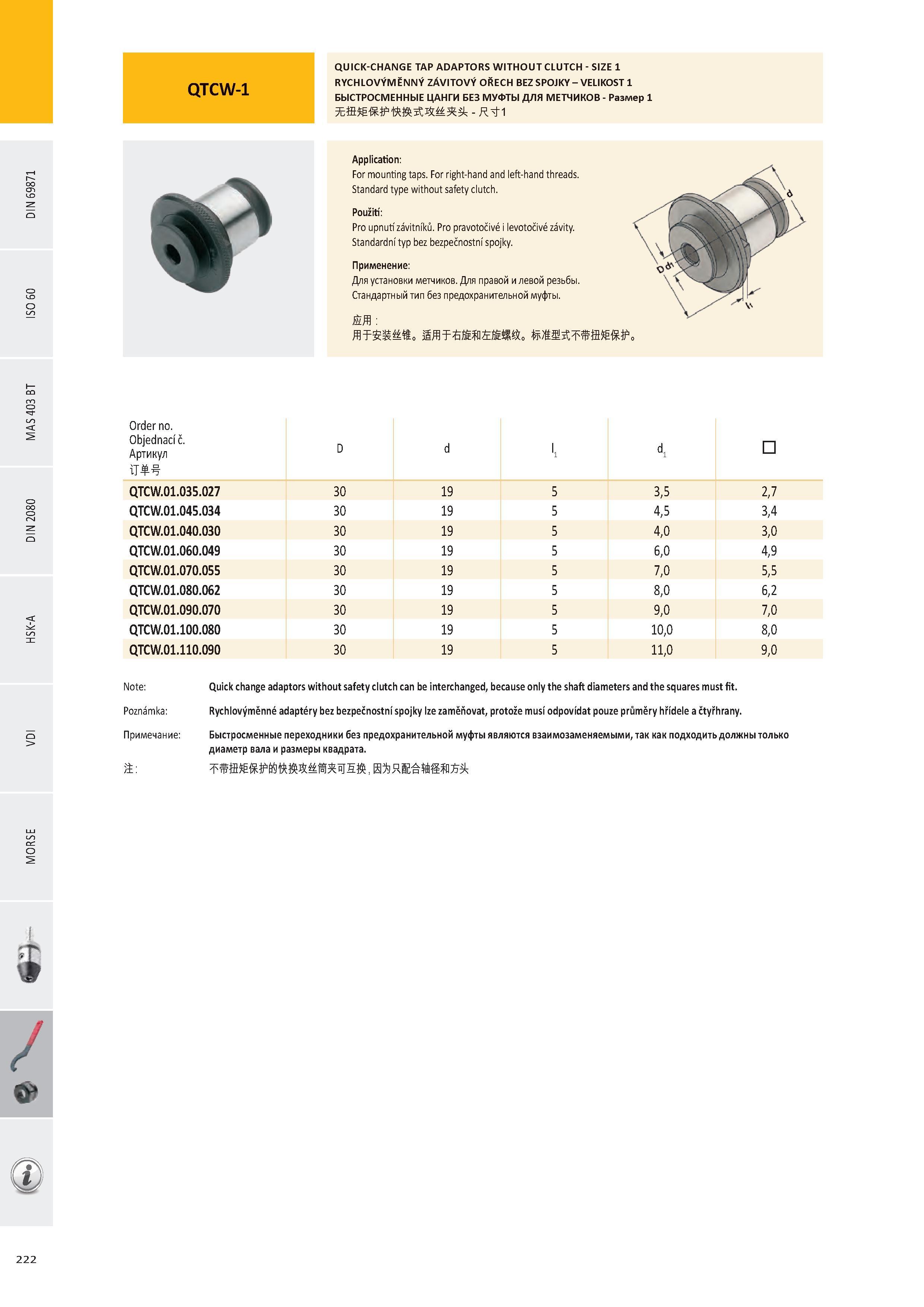 223 / & QUICK-CHANGE TAP ADAPTORS WITHOUT CLUTCH - SIZE 1 RYCHLOVÝMĚNNÝ ZÁVITOVÝ OŘECH BEZ SPOJKY - VELIKOST 1 БЫСТРОСМЕННЫЕ ЦАНГИ БЕЗ МУФТЫ ДЛЯ МЕТЧИКОВ - Раз Каталог PRAMET 2016 Инструментальная оснастка для металлорежущих станков и металлообрабатывающих промышленных комплексов с числовым программным управлением Стр. 222