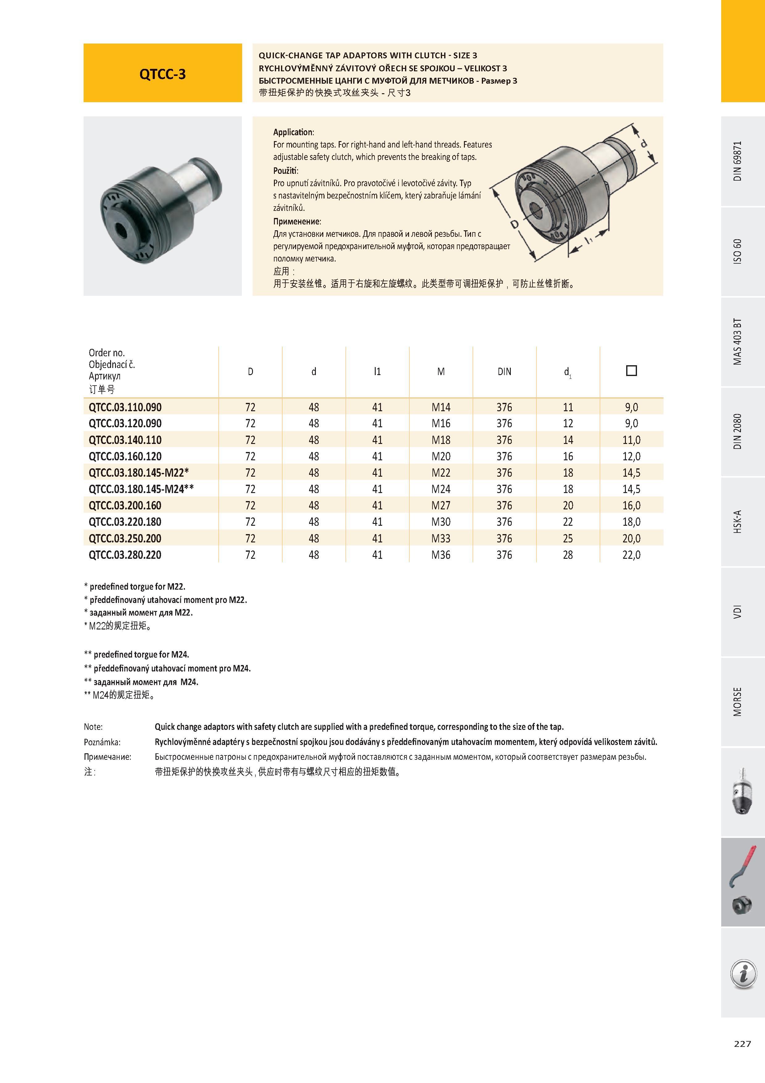 228 QTCC-3 QUICK-CHANGE TAP ADAPTORS WITH CLUTCH - SIZE 3 RYCHLOVÝMĚNNÝ ZÁVITOVÝ OŘECH SE SPOJKOU - VELIKOST 3 БЫСТРОСМЕННЫЕ ЦАНГИ С МУФТОЙ ДЛЯ МЕТЧИКОВ - Разм Каталог PRAMET 2016 Инструментальная оснастка для металлорежущих станков и металлообрабатывающих промышленных комплексов с числовым программным управлением Стр. 227
