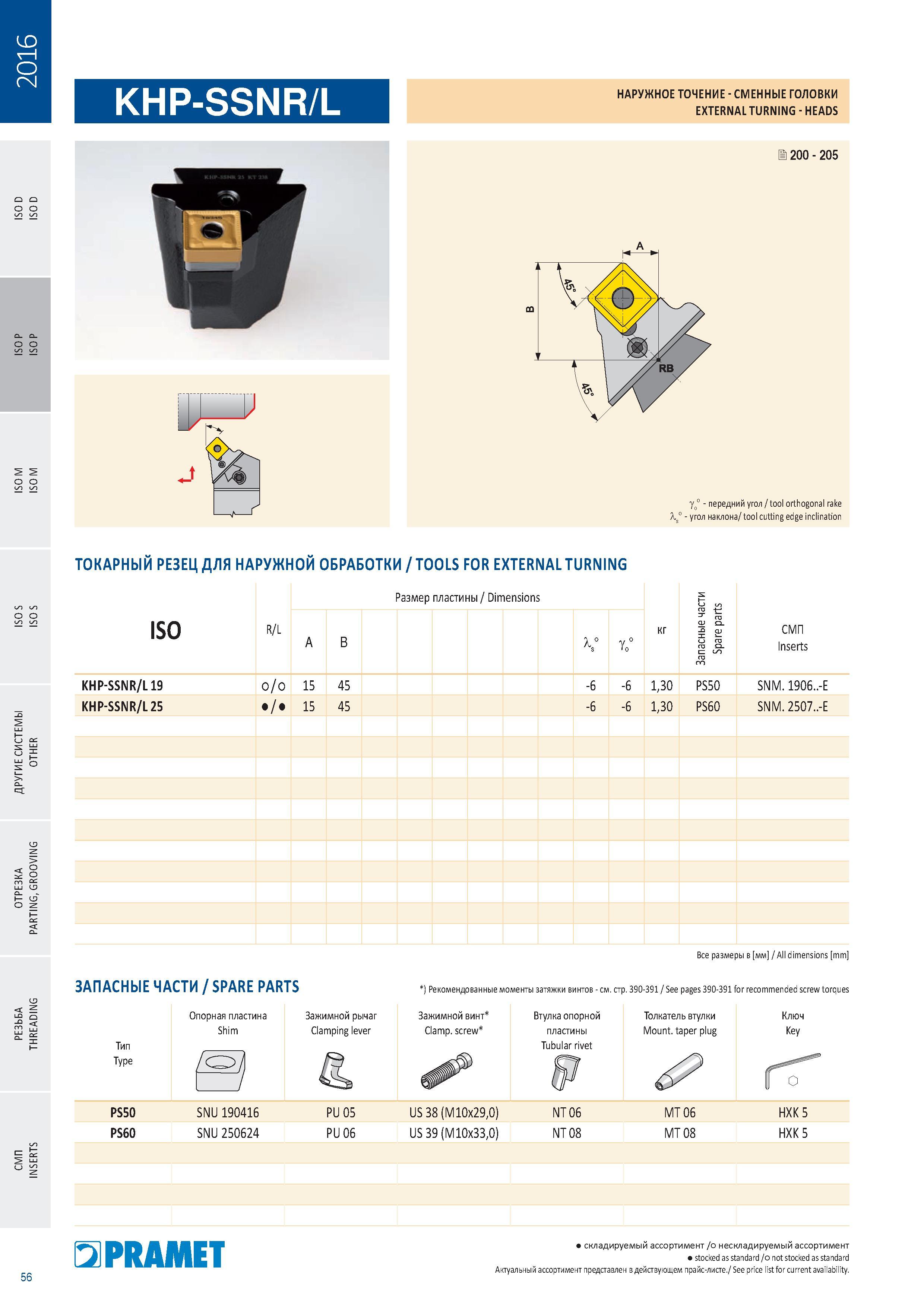 58 Сменные токарные головки Pramet KHP-SSNR/L для наружного точения Изображение и обозначение инструмента Комплектующи Каталог PRAMET 2016 Металлорежущий инструмент для точения фрезерования сверления на металлообрабатывающем станочном оборудовании Стр. 56