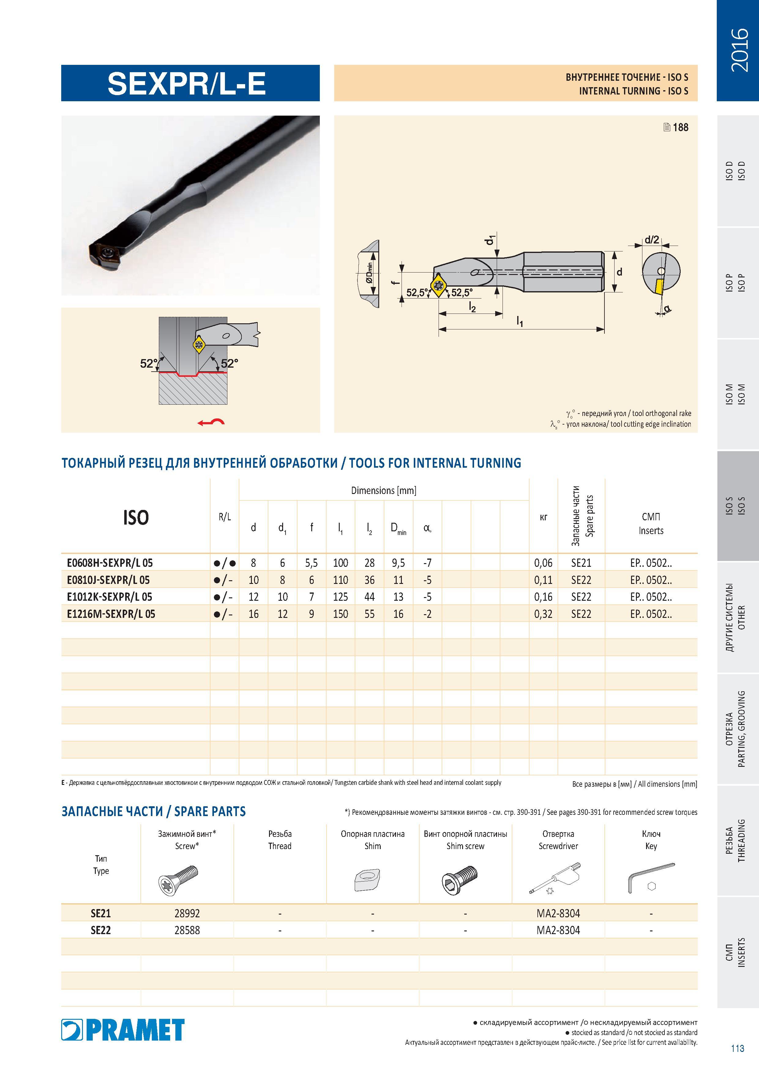115 Основные характеристики расточных токарных оправок Pramet SEXPR/L-E с цельнотвёрдосплавным хвостовиком с внутренним подводом СОЖ и стальной головкой Каталог PRAMET 2016 Металлорежущий инструмент для точения фрезерования сверления на металлообрабатывающем станочном оборудовании Стр. 113