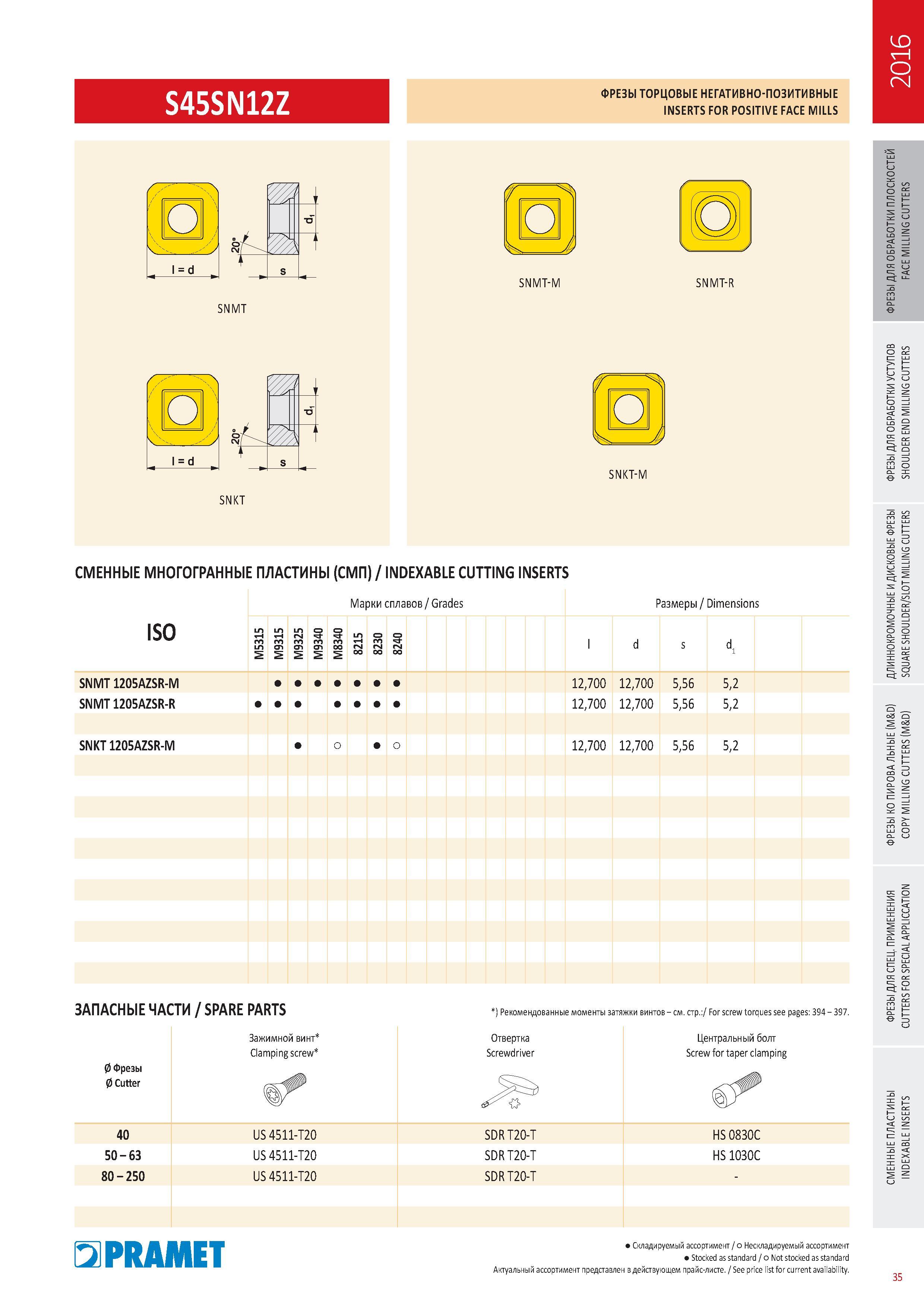 432 ФРЕЗЫ Pramet ТОРЦОВЫЕ НЕГАТИВНО-ПОЗИТИВНЫЕ S45SN12Z INSERTS FOR POSITIVE FACE MILLS сменные многогранные пластины (СМП) Каталог PRAMET 2016 Металлорежущий инструмент для точения фрезерования сверления на металлообрабатывающем станочном оборудовании Стр. 35