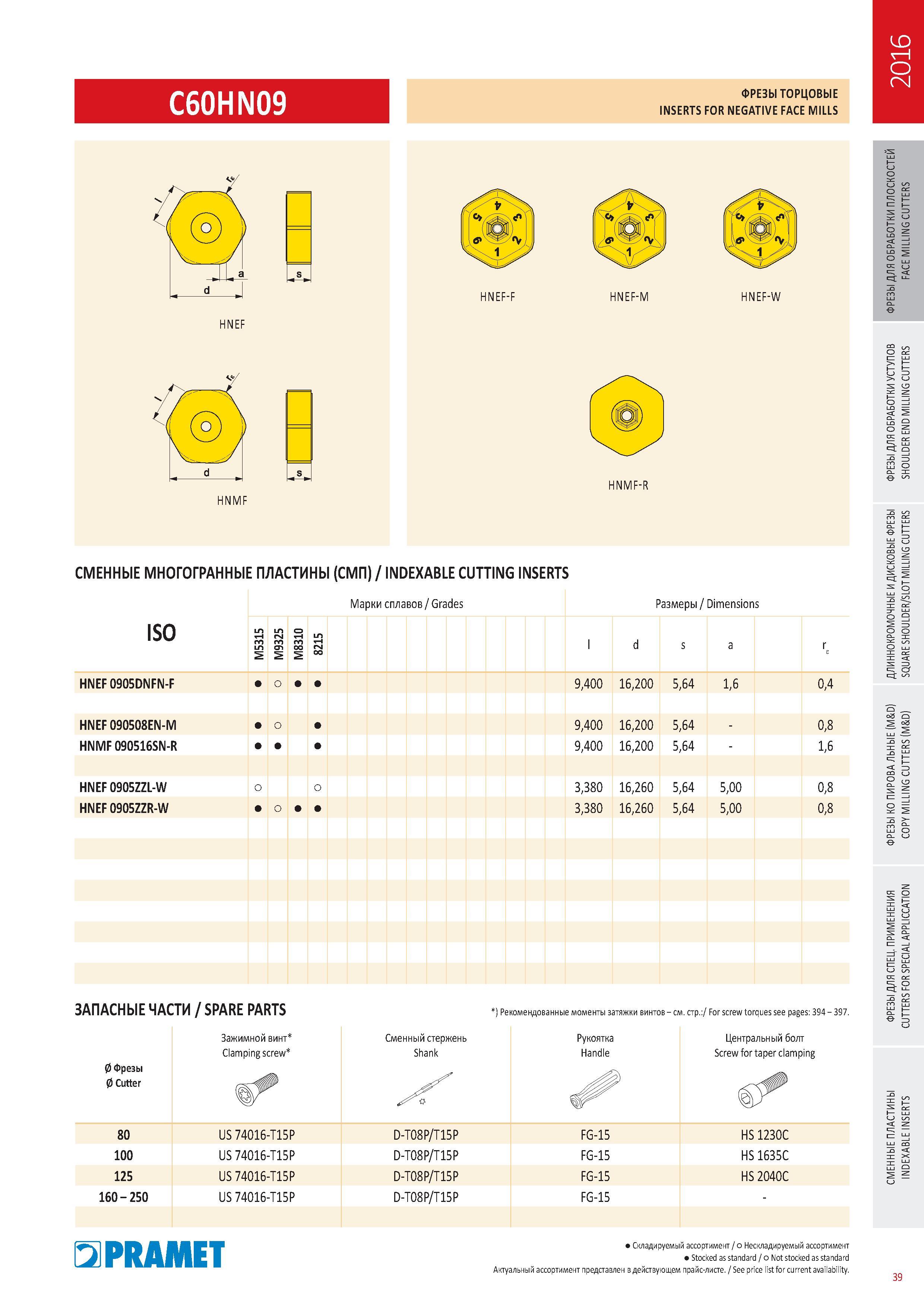 436 ФРЕЗЫ ТОРЦОВЫЕ Pramet C60HN09 INSERTS FOR NEGATIVE FACE MILLS Каталог PRAMET 2016 Металлорежущий инструмент для точения фрезерования сверления на металлообрабатывающем станочном оборудовании Стр. 39