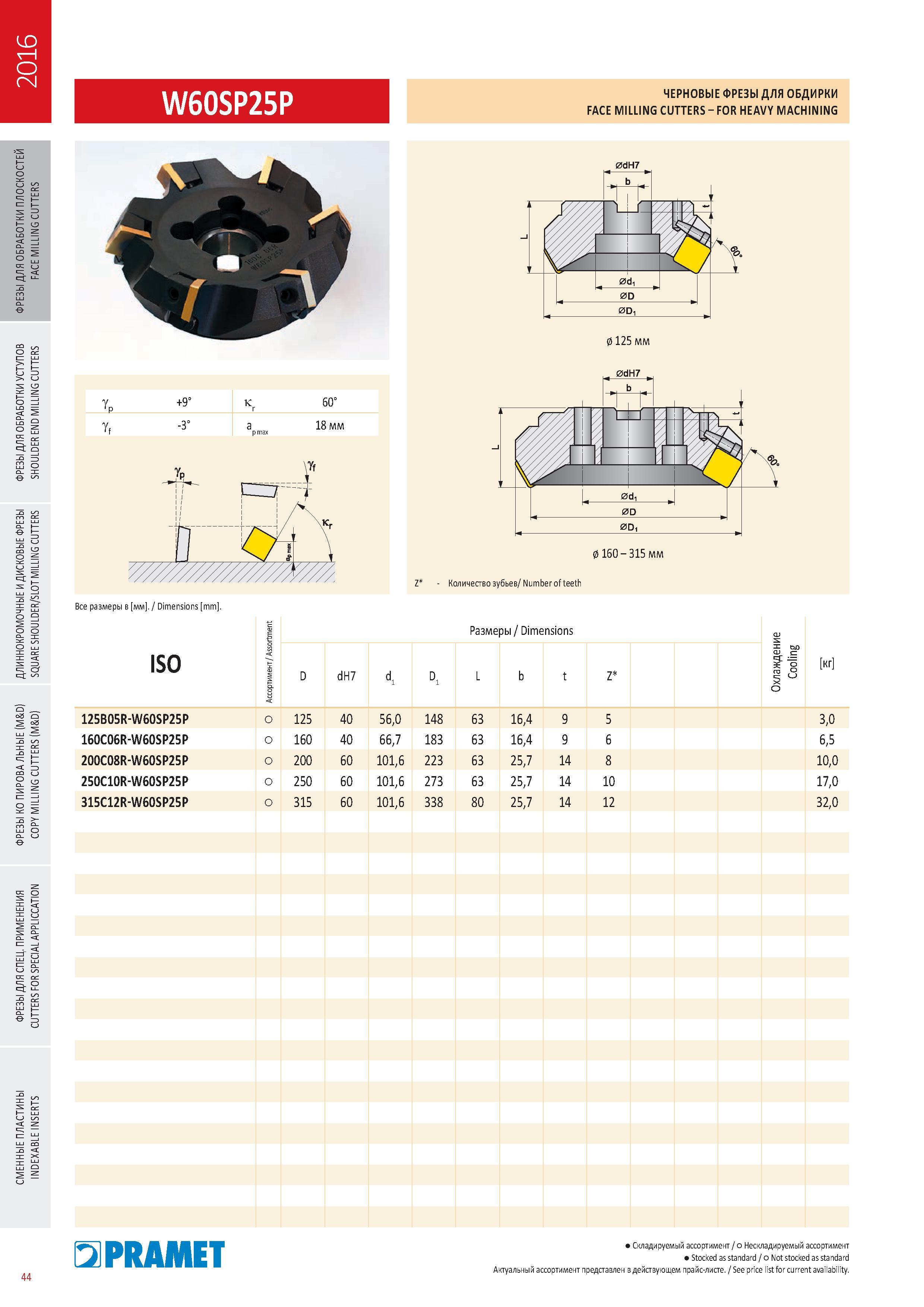 441 ЧЕРНОВЫЕ ФРЕЗЫ Pramet W60SP25P ДЛЯ ОБДИРКИ FACE Milling CUTTERS FOR HEAVY MACHINING Каталог PRAMET 2016 Металлорежущий инструмент для точения фрезерования сверления на металлообрабатывающем станочном оборудовании Стр. 44