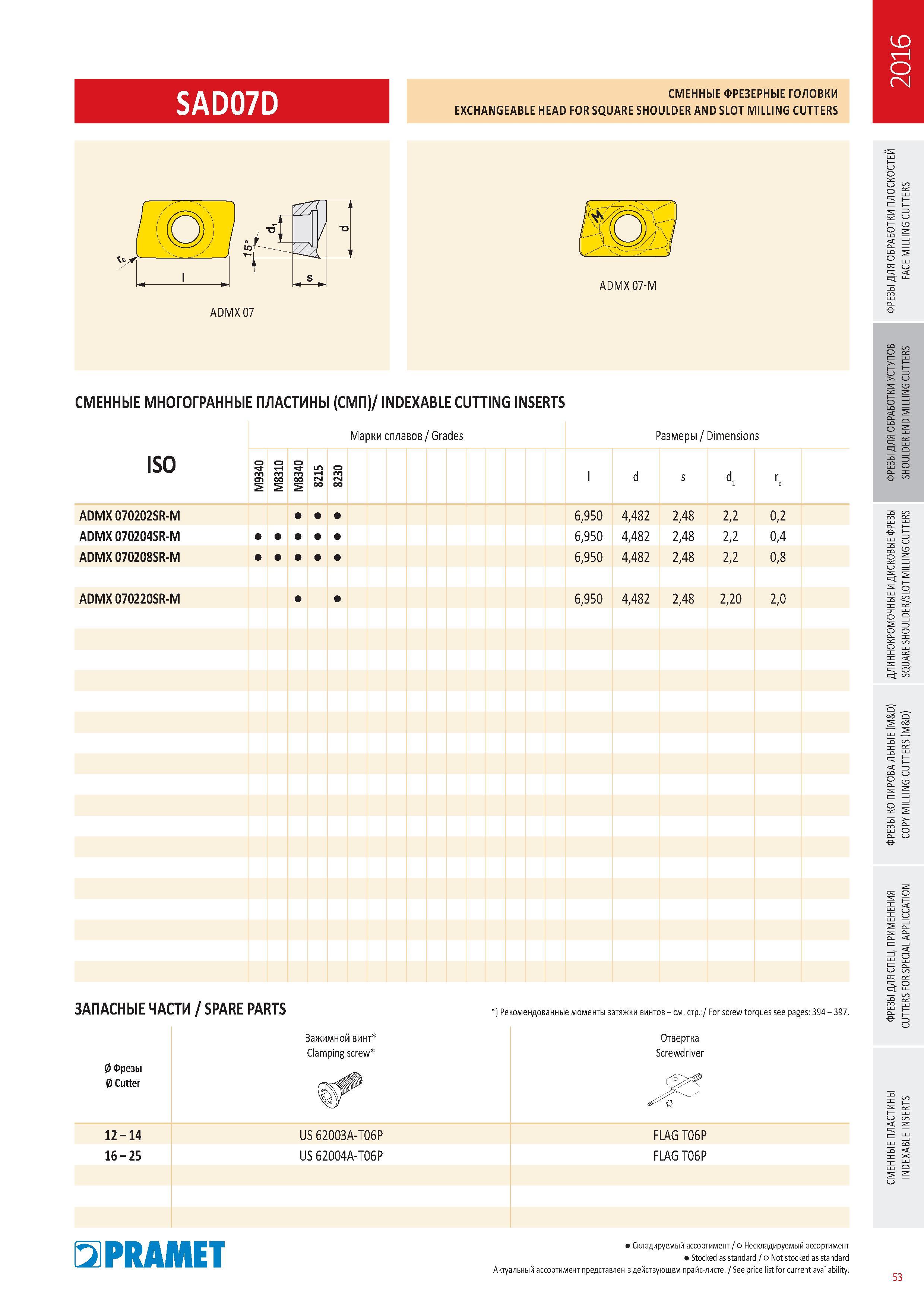 450 Сменные фрезерные головки Pramet SAD07D EXCHANGEABLE HEAD FOR SQUARE SHOULDER AND SLOT Milling CUTTERS Каталог PRAMET 2016 Металлорежущий инструмент для точения фрезерования сверления на металлообрабатывающем станочном оборудовании Стр. 53