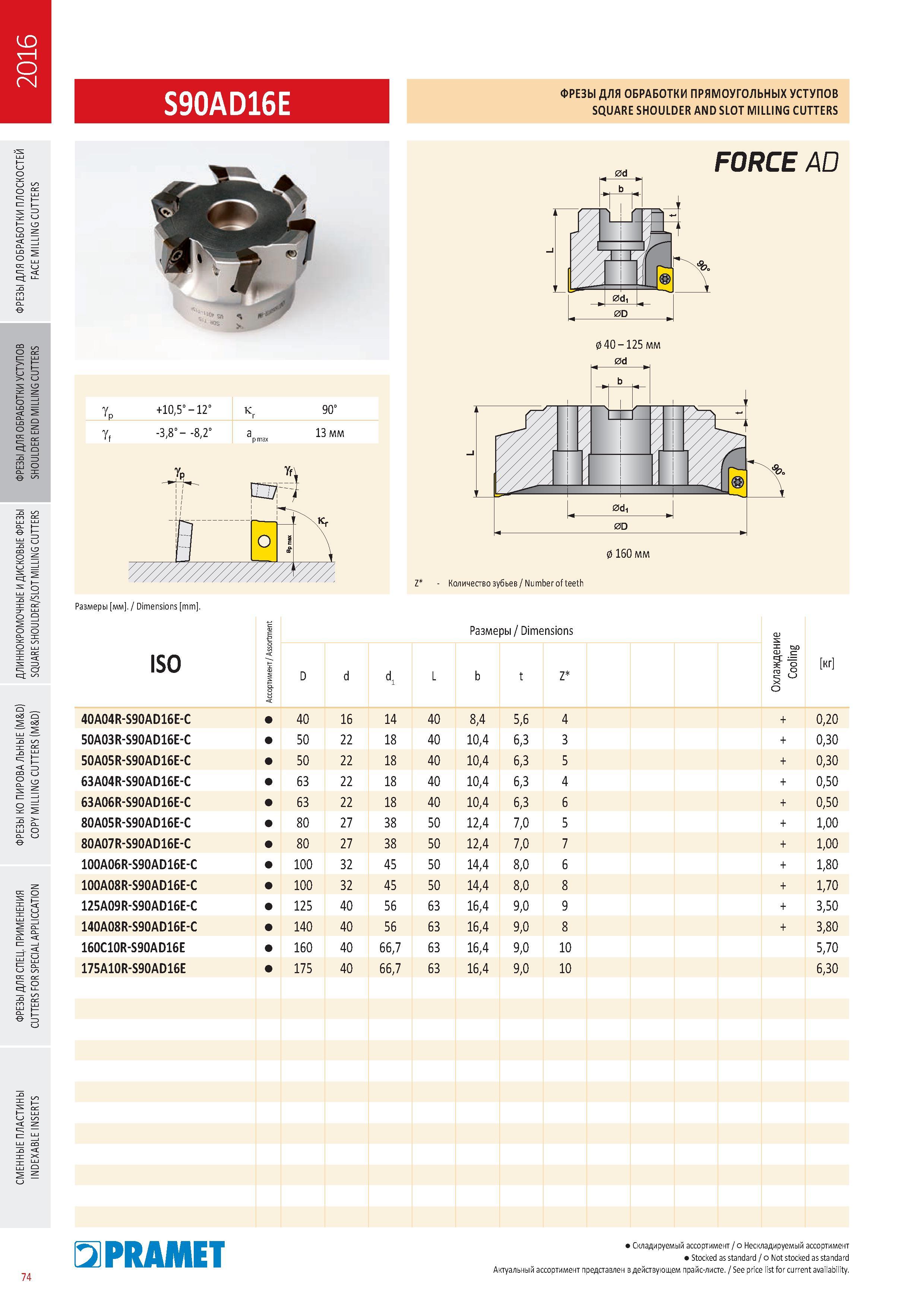 471 ФРЕЗЫ Pramet S90AD16E для фрезерования прямоугольных уступов SQUARE SHOULDER AND SLOT Milling CUTTERS Каталог PRAMET 2016 Металлорежущий инструмент для точения фрезерования сверления на металлообрабатывающем станочном оборудовании Стр. 74
