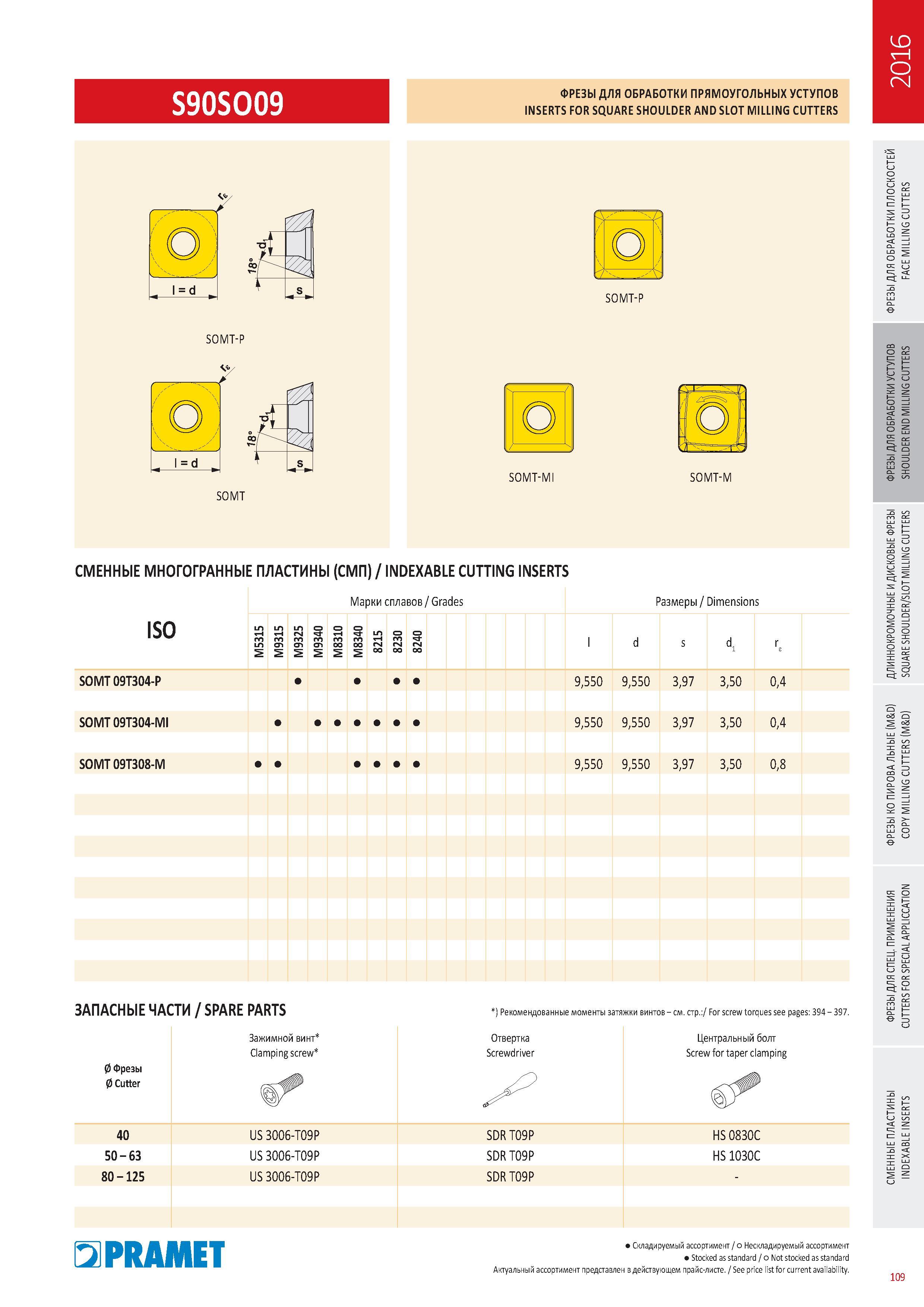 506 ФРЕЗЫ Pramet S90SO09 для фрезерования прямоугольных уступов INSERTS FOR SQUARE SHOULDER AND SLOT Milling CUTTERS Каталог PRAMET 2016 Металлорежущий инструмент для точения фрезерования сверления на металлообрабатывающем станочном оборудовании Стр. 109