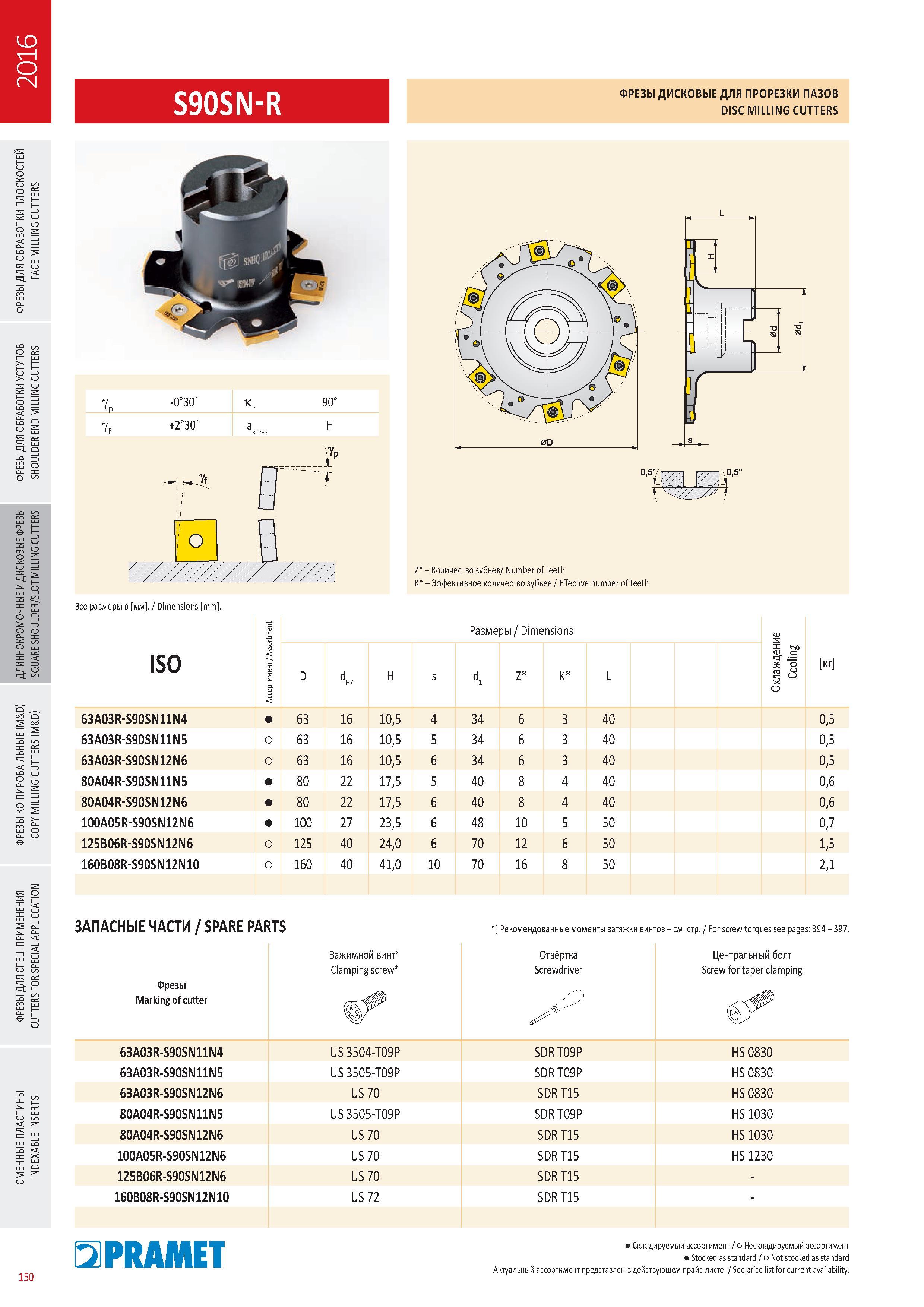 547 Дисковые фрезы Pramet S90SN-R для фрезерования пазов Каталог PRAMET 2016 Металлорежущий инструмент для точения фрезерования сверления на металлообрабатывающем станочном оборудовании Стр. 150