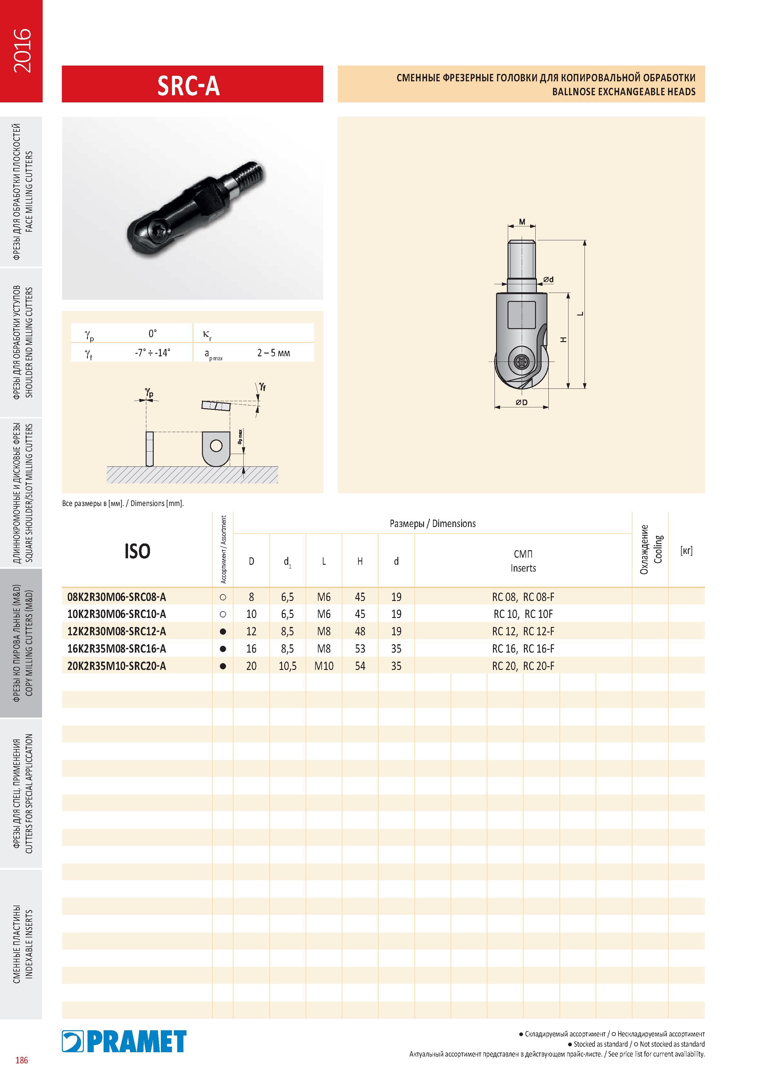 583 Сменные фрезерные головки Pramet SRC-A ДЛЯ КОПИРОВАЛЬНОМ ОБРАБОТКИ BALLNOSE EXCHANGEABLE HEADS Каталог PRAMET 2016 Металлорежущий инструмент для точения фрезерования сверления на металлообрабатывающем станочном оборудовании Стр. 186