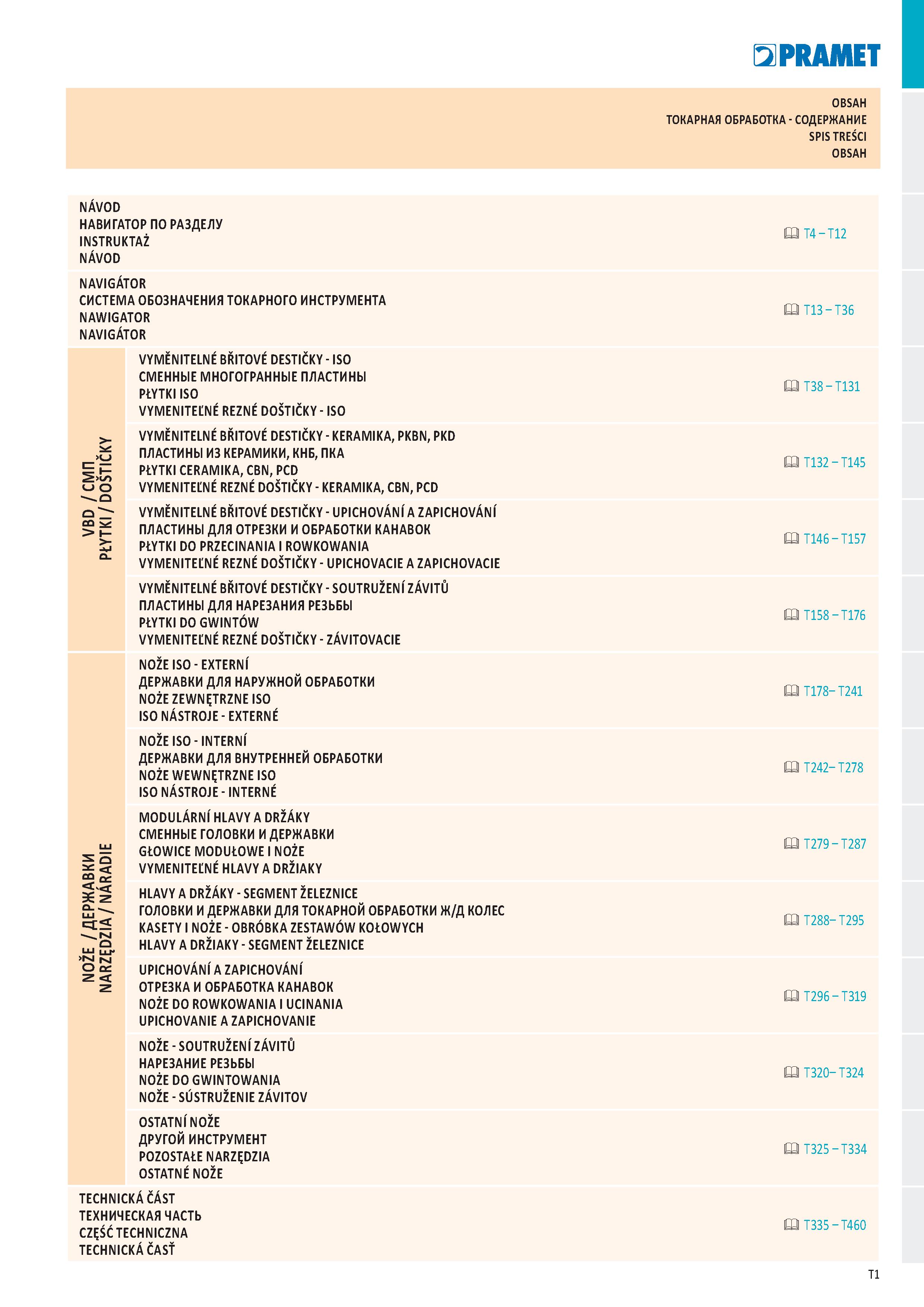 7 OBSAH ТОКАРНАЯ ОБРАБОТКА - СОДЕРЖАНИЕ SPIS TREŚCI OBSAH NÁVOD НАВИГАТОР ПО РАЗДЕЛУ INSTRUKTAŻ T4 - T12 NÁVOD NAVIGÁTOR СИСТЕМА ОБОЗНАЧЕНИЯ ТОКАРН Каталог PRAMET 2019 Режущий инструмент Резцы с твердосплавными пластинами по металлу для точения и растачивания Концевые и насадные фрезы Сверла с СМП Расточные головки Стр. T1