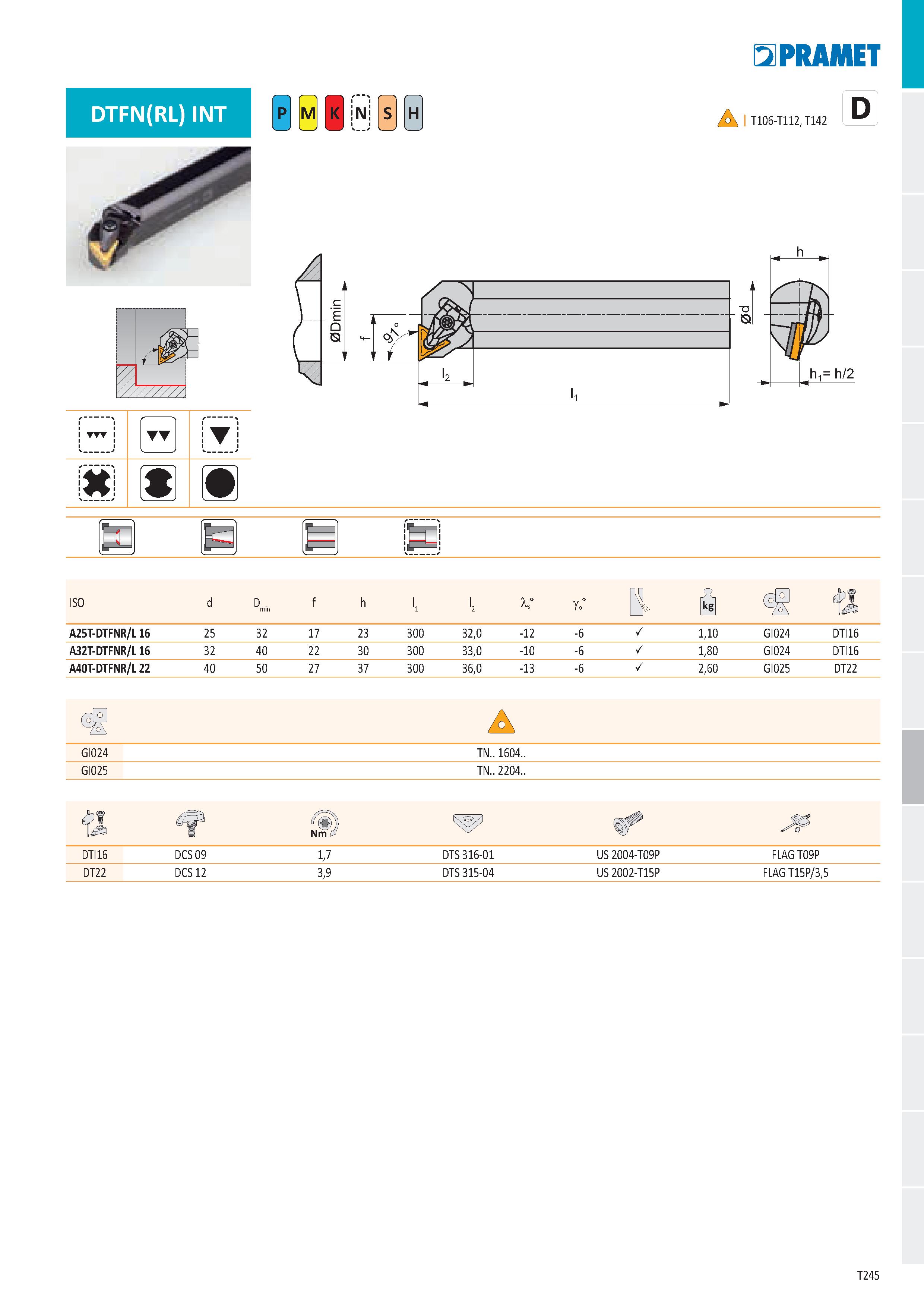 251 DTFN(RL) INT N H E2PRAMET D /o\ I T106-T112, T142 f -\ 1 1 1 1 1 TTT 1 1 1 1 T P T=fn ift- iP- ISO d D min f h '1 '2 1° go° в й i A25T-DTFNR/L 16 Каталог PRAMET 2019 Режущий инструмент Резцы с твердосплавными пластинами по металлу для точения и растачивания Концевые и насадные фрезы Сверла с СМП Расточные головки Стр. T245