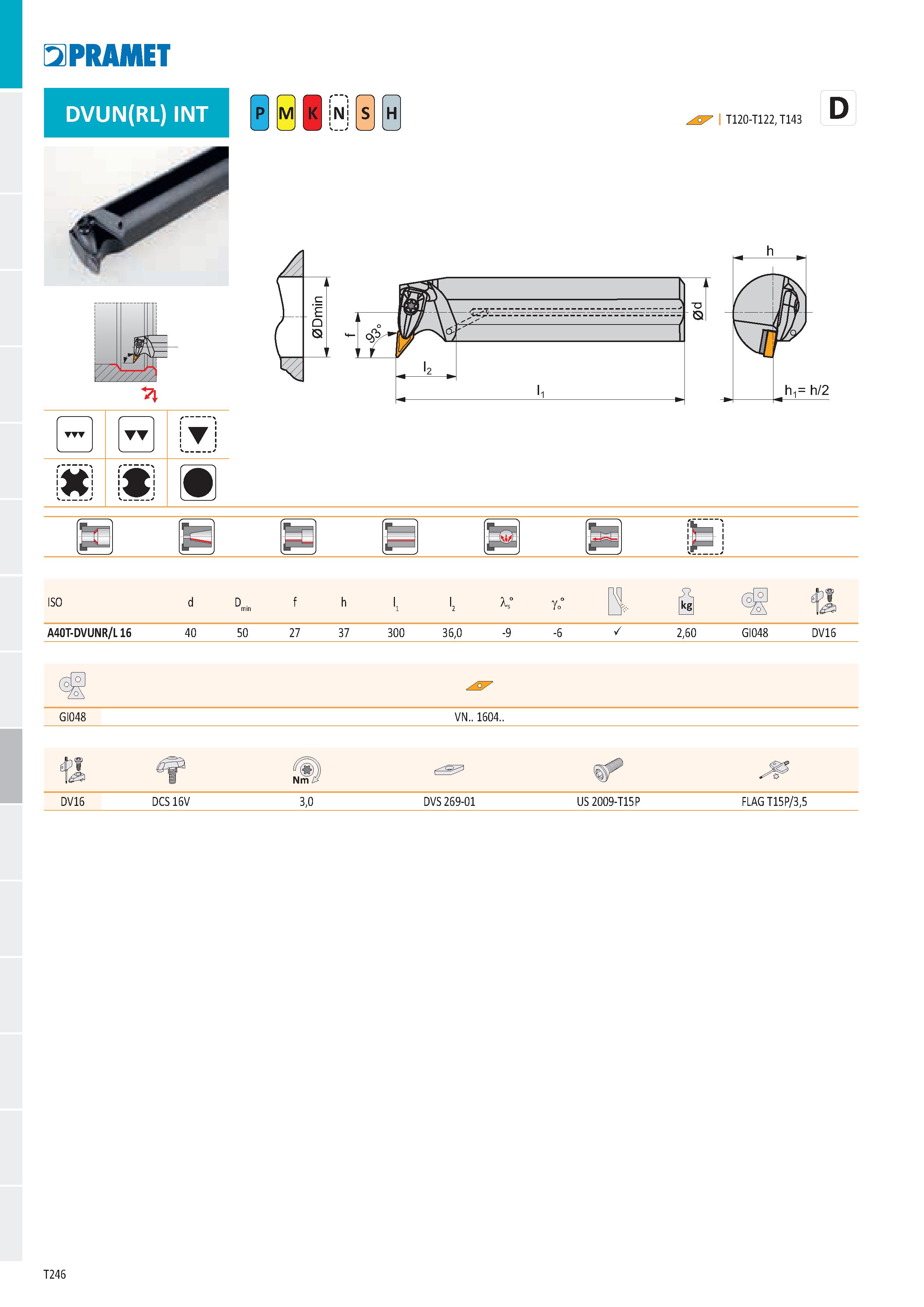 252 PRAMET DVUN(RL) INT N H I T120-T122, T143 Ľ ŕ > J TT T m m Й“ И OH 1Г i i v > ISO d D min f h ' '2 1s° go° Ľ ä Ф 4>f ' /Q\ li A40T-DVUNR/L 16 40 Каталог PRAMET 2019 Режущий инструмент Резцы с твердосплавными пластинами по металлу для точения и растачивания Концевые и насадные фрезы Сверла с СМП Расточные головки Стр. T246